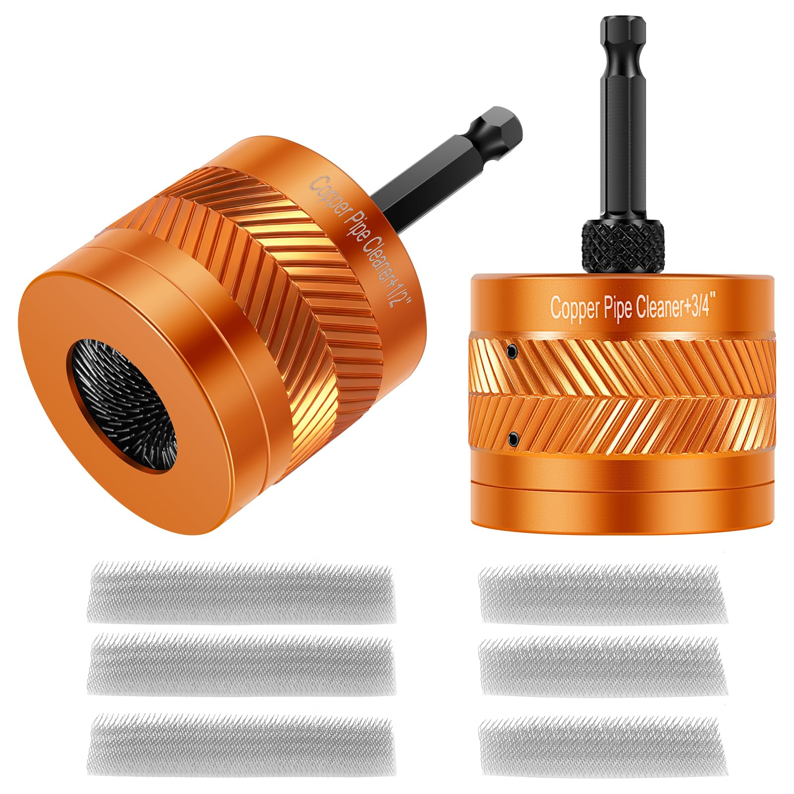 1/2" & 3/4" (15mm & 22mm) Copper Pipe Cleaner Set for Drill, Aluminum Tube Cleaning Brush with 1/4" Hex Shank & 6 Replacement Brush Blades, Plumbing Tool for Rust & Paint Removal