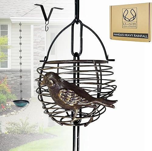 U-nitt Rain Chain Water Collection for Gutters Rainwater Catcher & Diverter, 8.5 FT Chains for Outside Garden, Antique Bird Nest Cups, Roof Downspout, Works with Heavy Rain, Gutter Clip for Rainchains