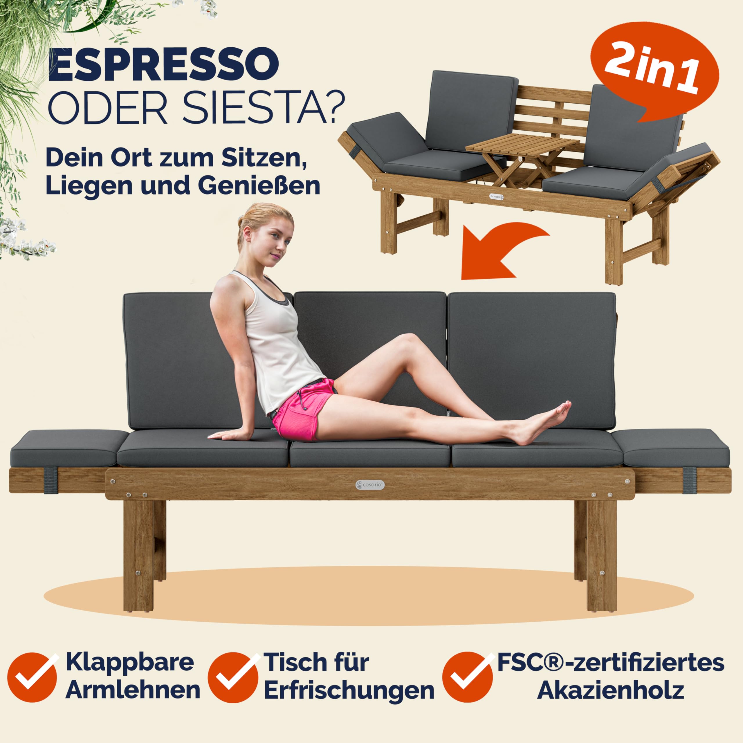 Casaria® Gartenbank Wetterfest Holz mit Tisch 200x50cm Klappbar 320kg Belastbar FSC®-Zertifiziert 3-Sitzer Garten Balkon Holzbank Akazie 3 Personen