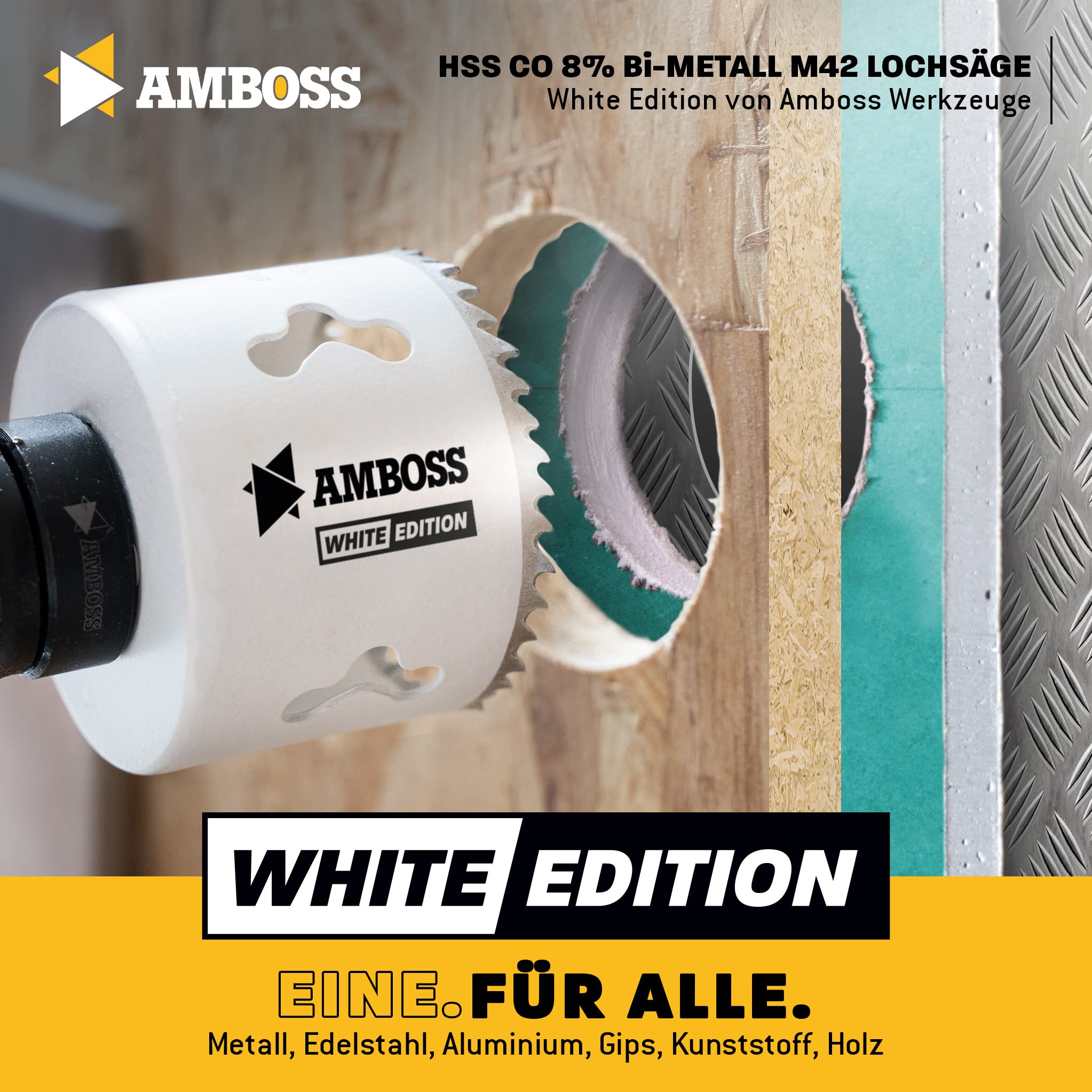 Amboss M 42 - Set di seghe a tazza bimetalliche, diametro 20-68 mm, 12 pezzi, per alluminio, acciaio, cartongesso, legno, ecc. White Edition 12