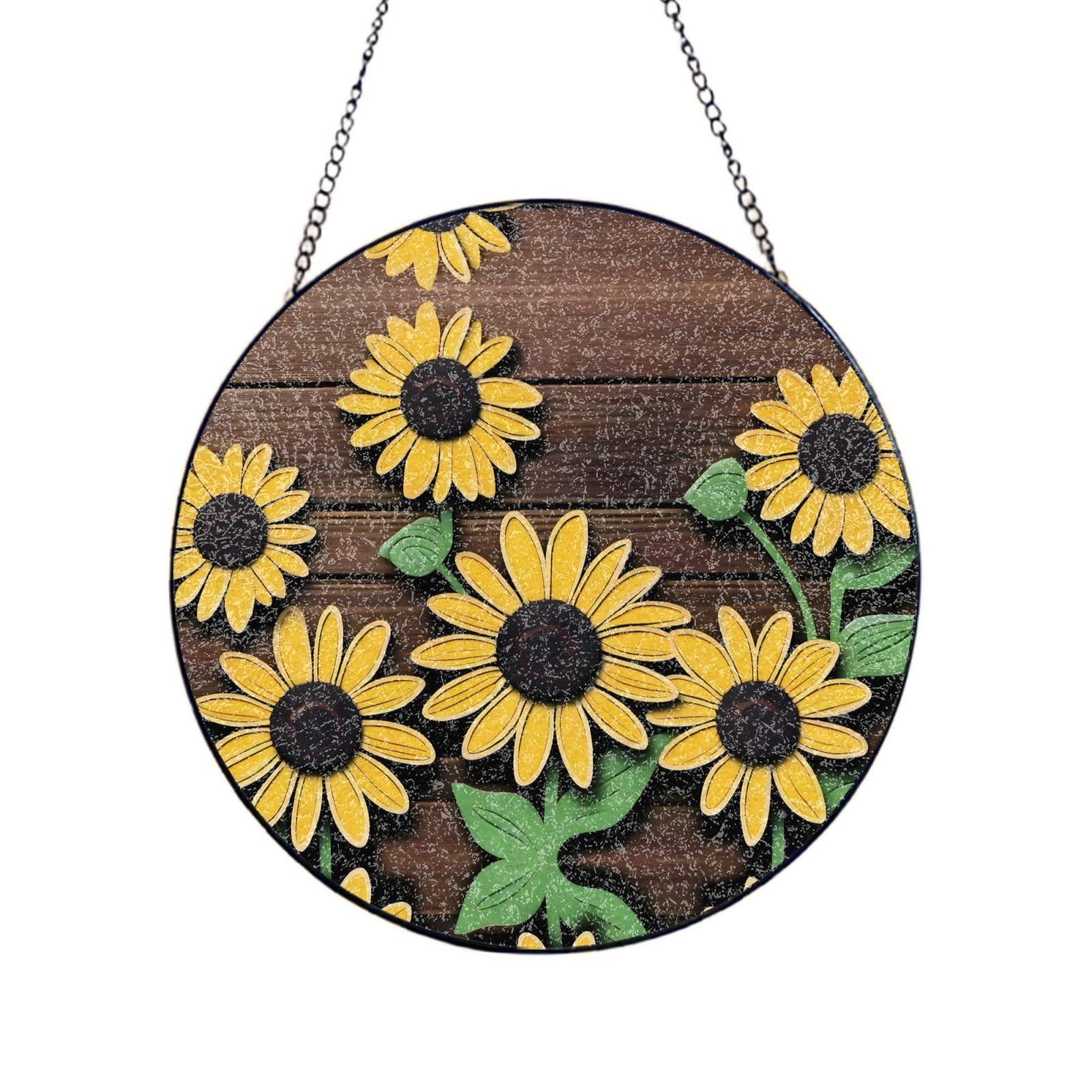 Phayah Wooden Wall Sunflower Print Glass Window Hanging Sun Catchers Suncatcher Decor For Birthday For Home Garden Porch 12in（30cm）