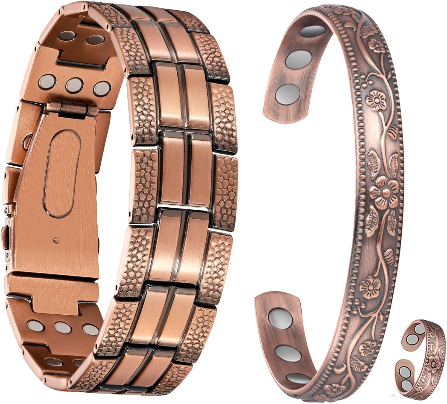 Feraco Copper Bracelet for Men Women 3X Strength,2 Magnetic Therapy Bracelet Copper Jewelry with Ring,Powerful 3800 Gauss Magnets,Premium Fold-Over Clasp