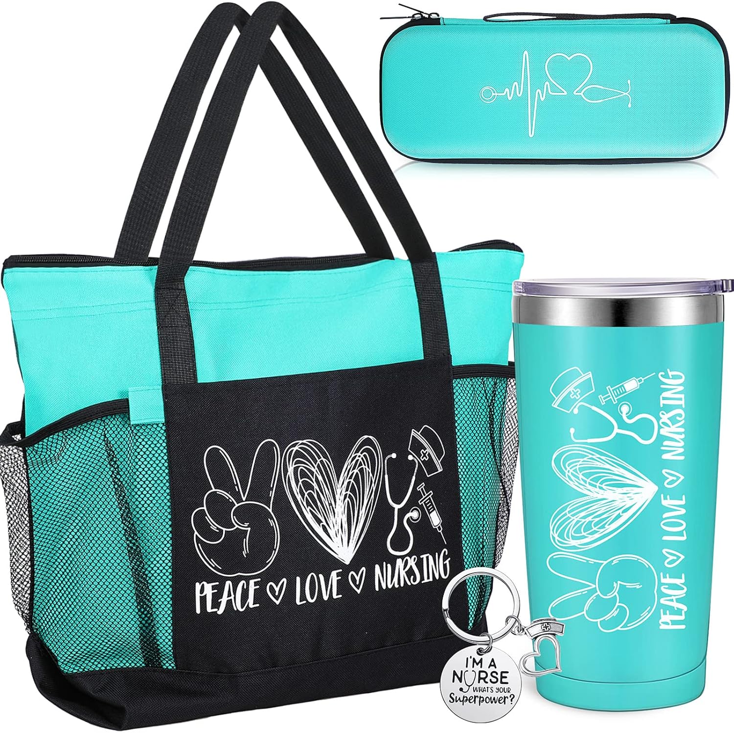 Coume 4 Pcs Christmas Nurse Gifts for Women Peace Love Nursing Appreciation Gift Set Include Tote Bag Stethoscope Case Tumbler Keychain for RN, NICU, Practitioner, Nurses Week, Graduation(Turquoise)