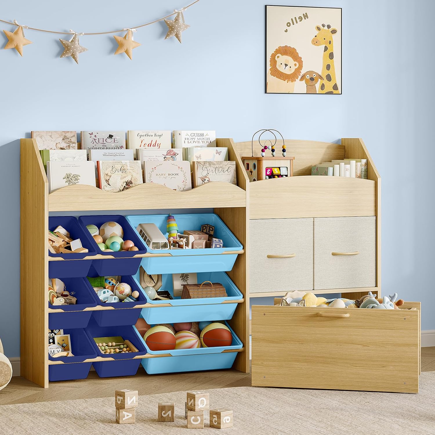 EXPERLAM Kids Toy Organizer, Scalloped Shelf, 9 Blue Bins, Toy Chest