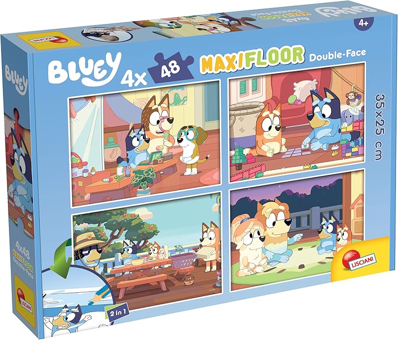 Lisciani - BLUEY - 4 Puzzles pour Enfants dès 4 ans - 4 x 48 pièces - MaxiFloor 35x25 cm - Puzzles 2 en 1 - Double Face avec Verso à Colorier - Jeux Educatifs - Jeu de Réflexion et Patience