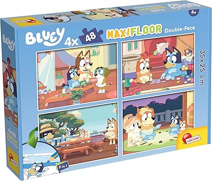 Lisciani - BLUEY - 4 Puzzles pour Enfants dès 4 ans - 4 x 48 pièces - MaxiFloor 35x25 cm - Puzzles 2 en 1 - Double Face avec Verso à Colorier - Jeux Educatifs - Jeu de Réflexion et Patience