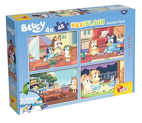 Lisciani - Puzzle Bluey - 4 Puzzles de 48 Piezas - Juego Creativo - Juego de Puzle - Múltiples Personajes - Doble Cara - 2 en 1 - Puzzle y Colorear - 35 x 25 Cm - Para Niños a Partir de 4 Años