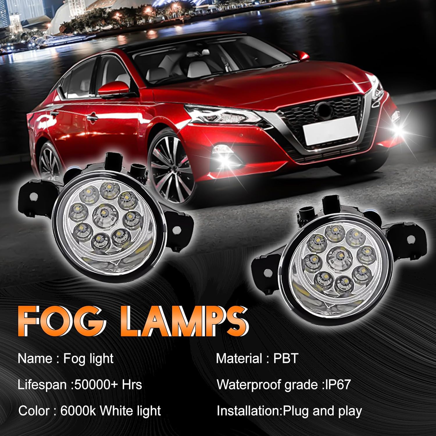 Fit For NISSAN ALTIMA 2007 2008 2009 2010 2011 2012 2013 2014 2015 2016 2017 2018 LED Fog Lights Assembly,Front Bumper Lamps Left Right Fog Light Assemblies,6000K White Beam,55W,IP67,Pack of 2.