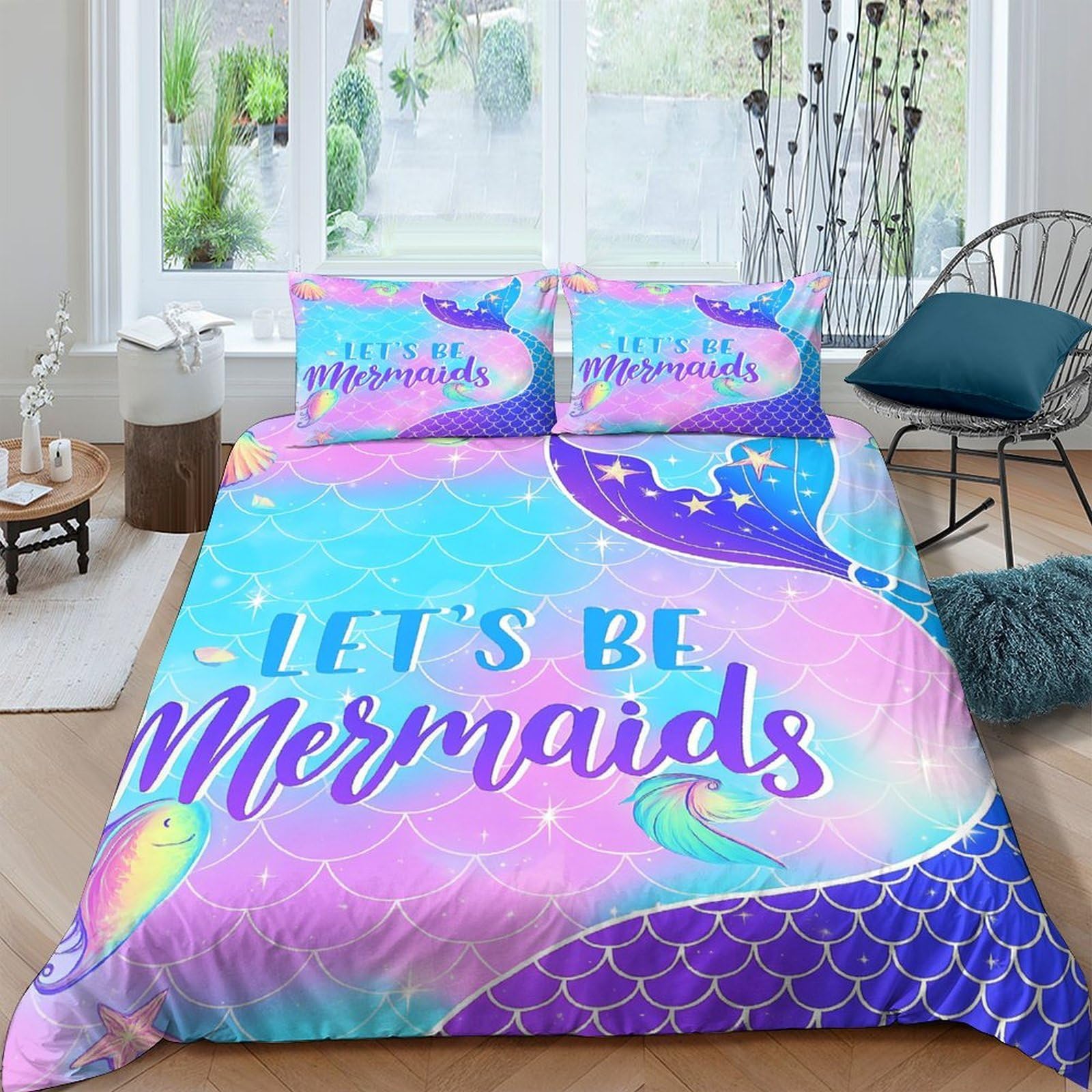 Ctjqhvkz Style-4 3D Printed Mermaid Tail Fitted Sheet Microfiber Colorful Gradient Mattress Cover For Bedroom Dorm Anti-Slip Washable Decor Single（135X200cm）