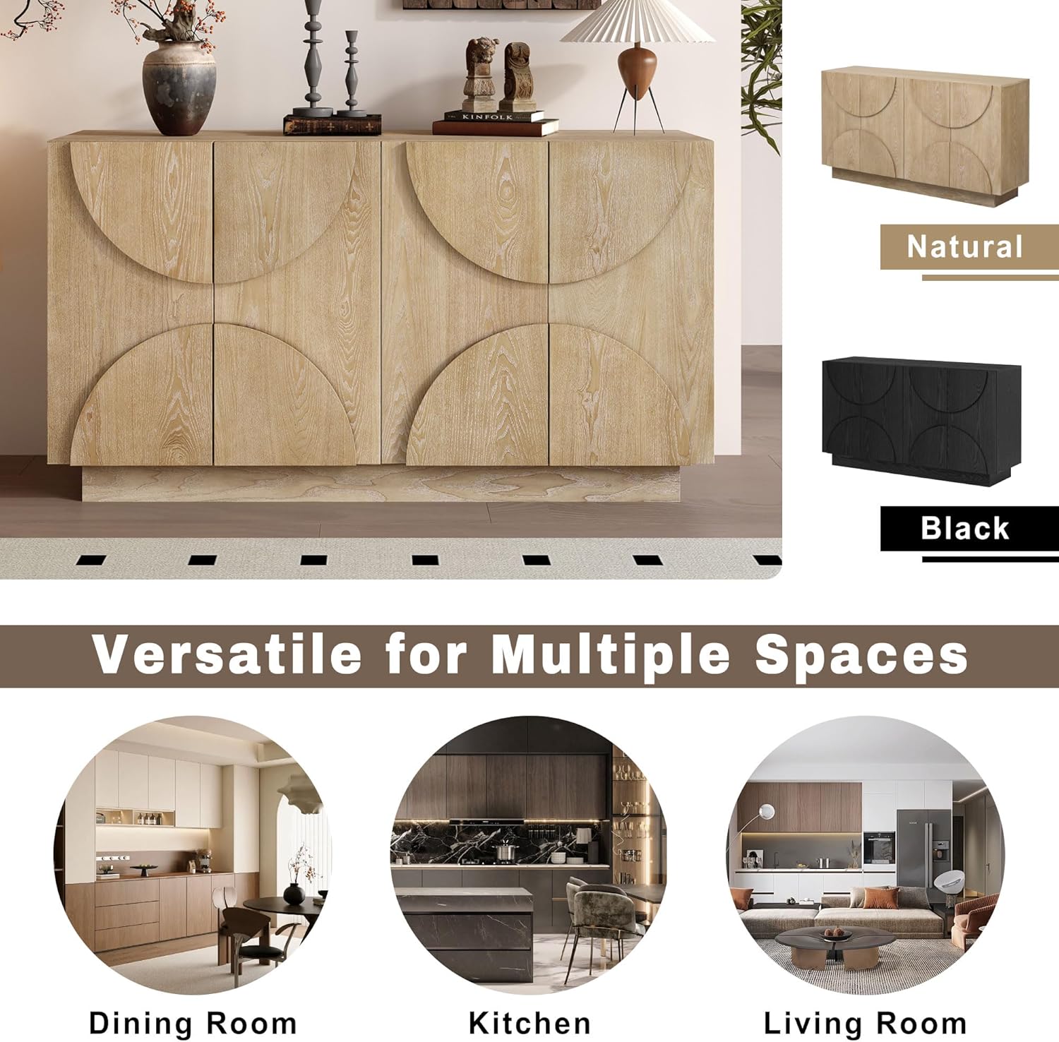 LKTART 56" Modern Sideboard Buffet Storage Cabinet with Solid Wood Veneer, Accent Credenza with Cable Management Hole, Freestanding Storage Console, Natural