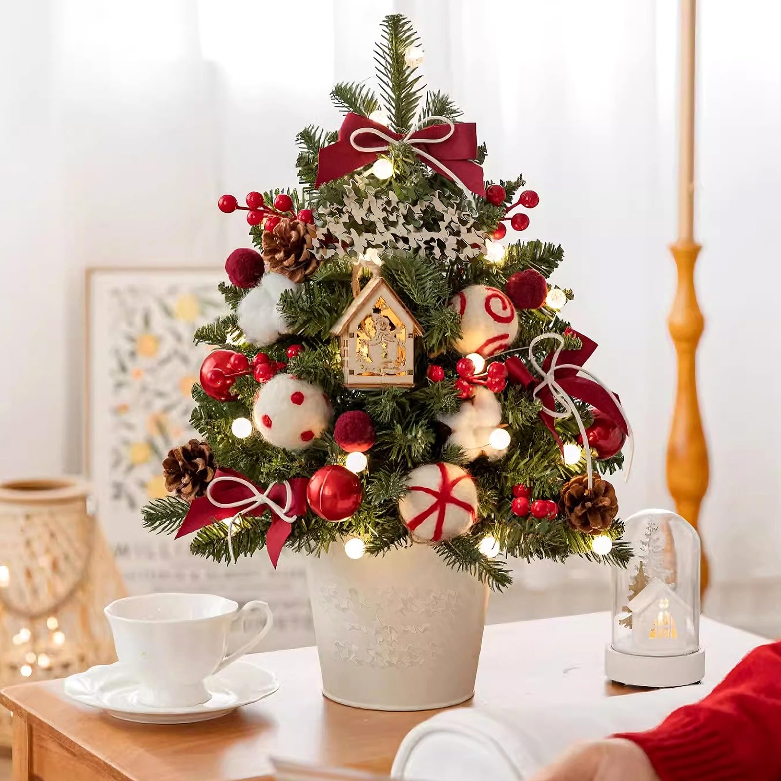 Arbol de Navidad Pequeño de 45m/60cm con Base Árbol de Navidad de Mesa Plantas Artificialesde Plástico para Hogares, Hoteles, Centros Comerciales, Escaparates(Red,45cm/17.7")