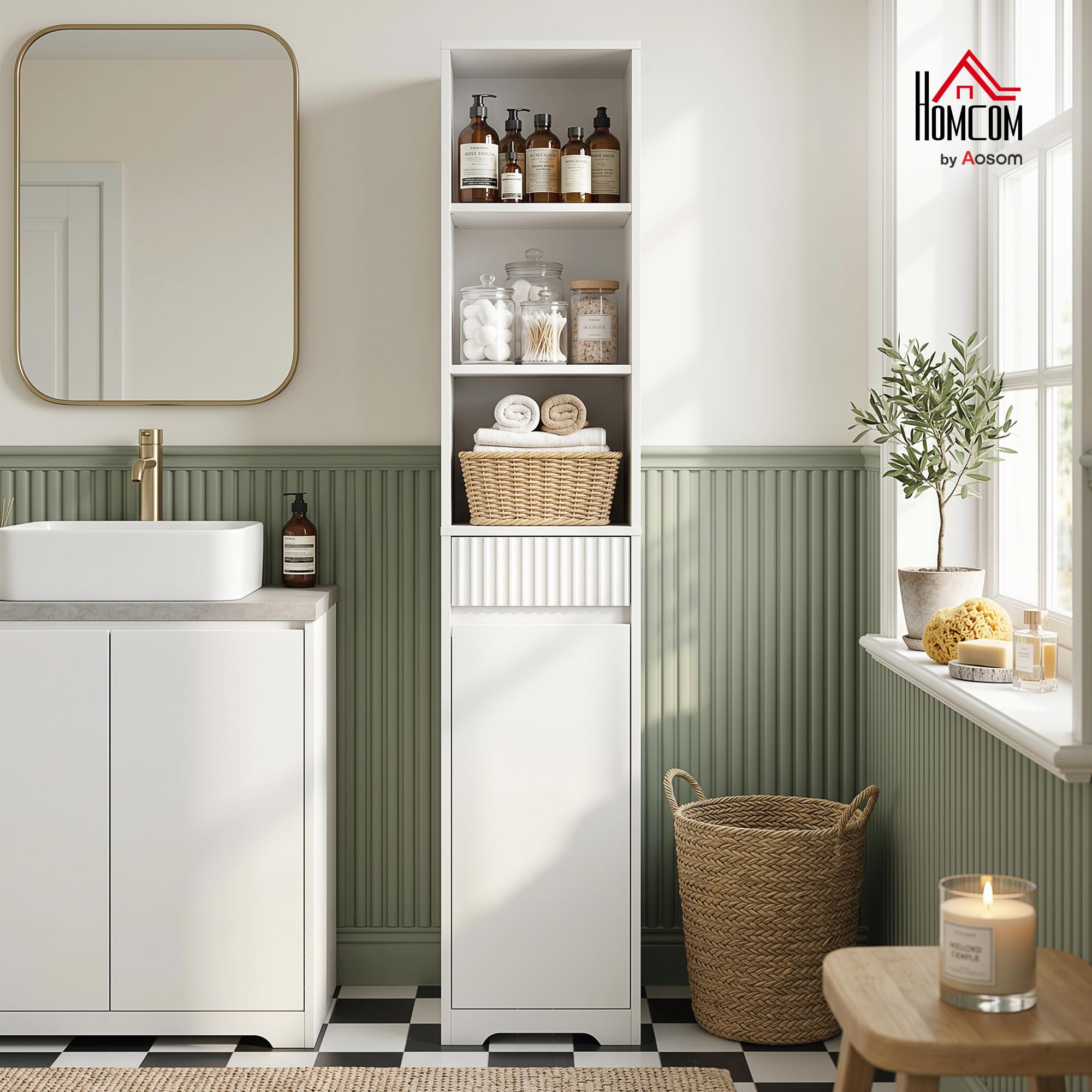 HOMCOM Mobile Bagno Alto 172cm, Armadio con Cassetto 33x30x172 cm Bianco | Mobiletto Bagno Salvaspazio, Ripiano Regolabile, Ante Soft Close, Scomparto Aperto, per Lavanderia