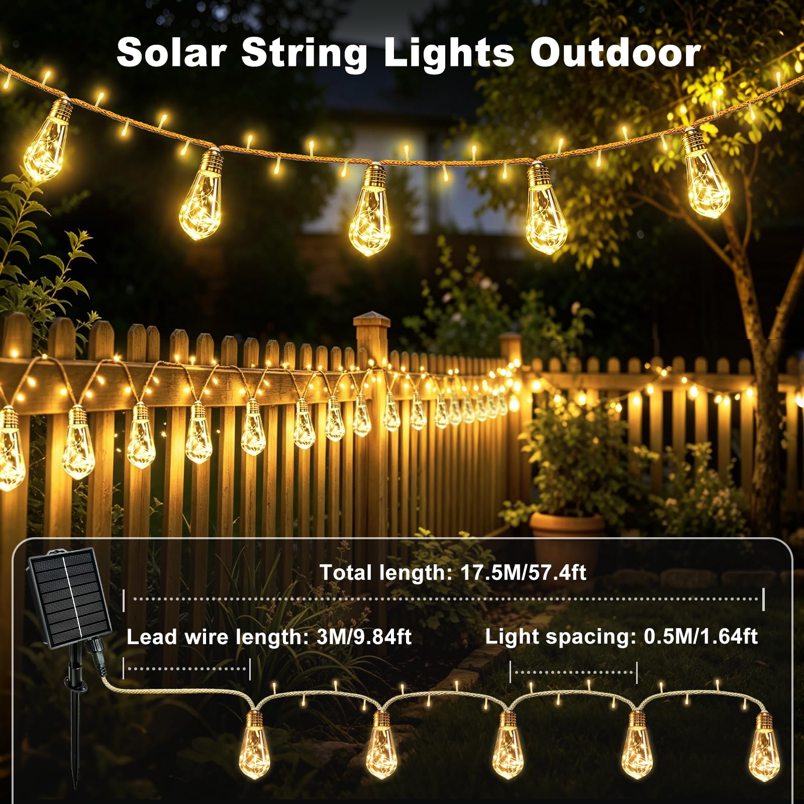 Cadena de luces solares para exteriores, 17,5 m, cadena de luces solares para exteriores, con 30 bombillas, 8 modos, mando a distancia, temporizador, cuerda de cáñamo, cuerda de cáñamo, cadena de