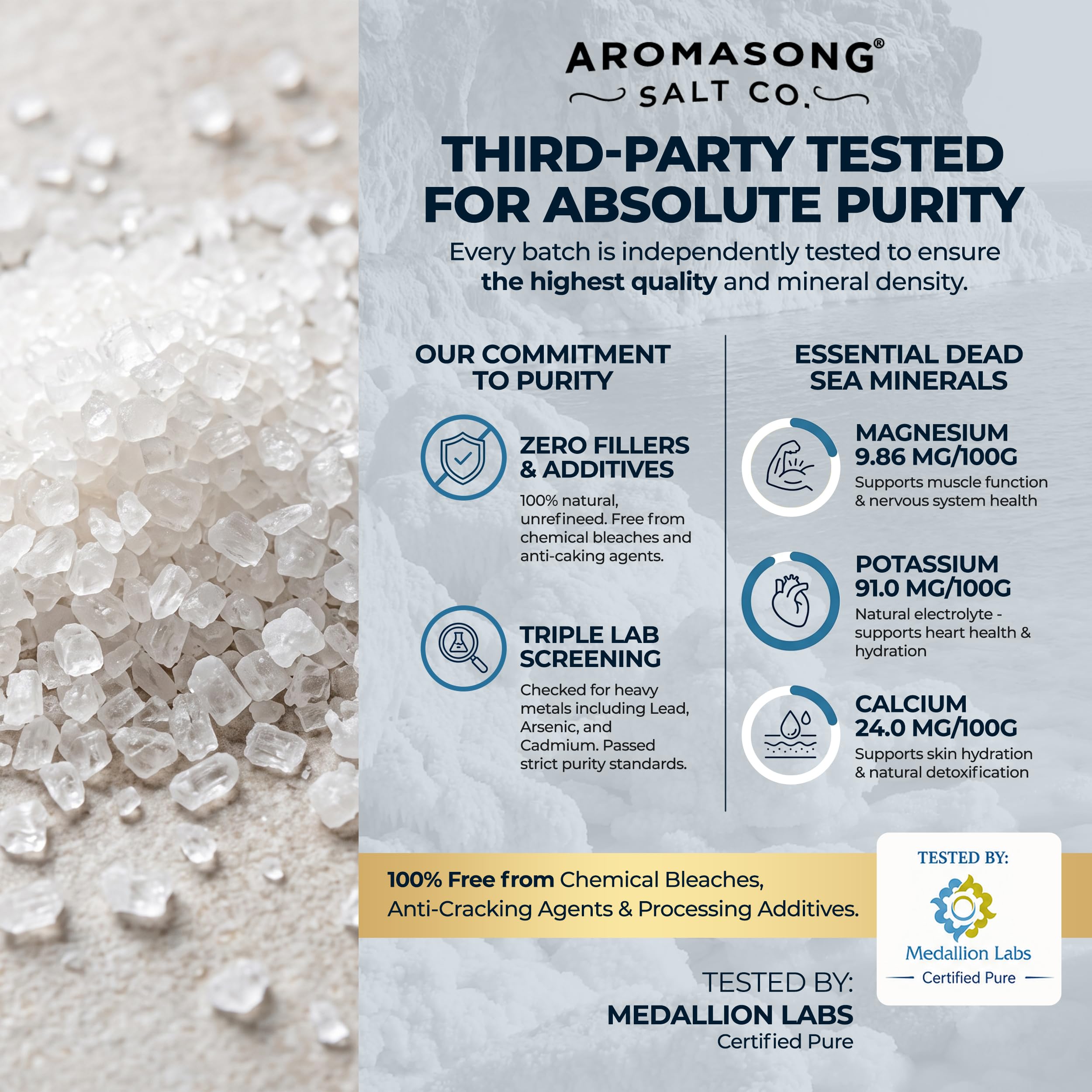Aromasong Sal del Mar Muerto para niños, 4 libras. Paquete resellable grande de grano fino, 100% puro y natural.