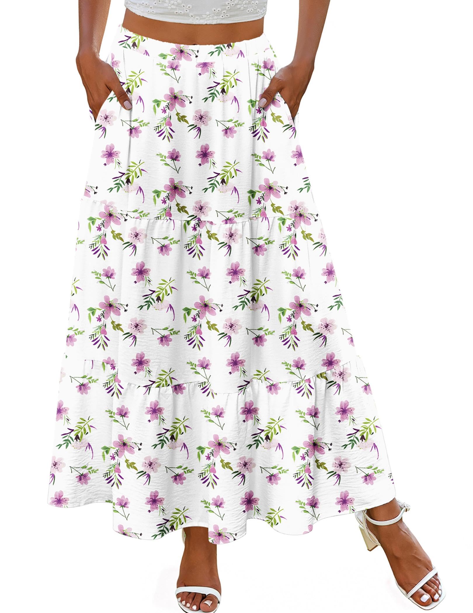Zeagoo Skirts for Women Summer Boho Casual Maxi Flowy Elastic High Waist A-Line Tiered Swing Floral Long Skirts with Pockets