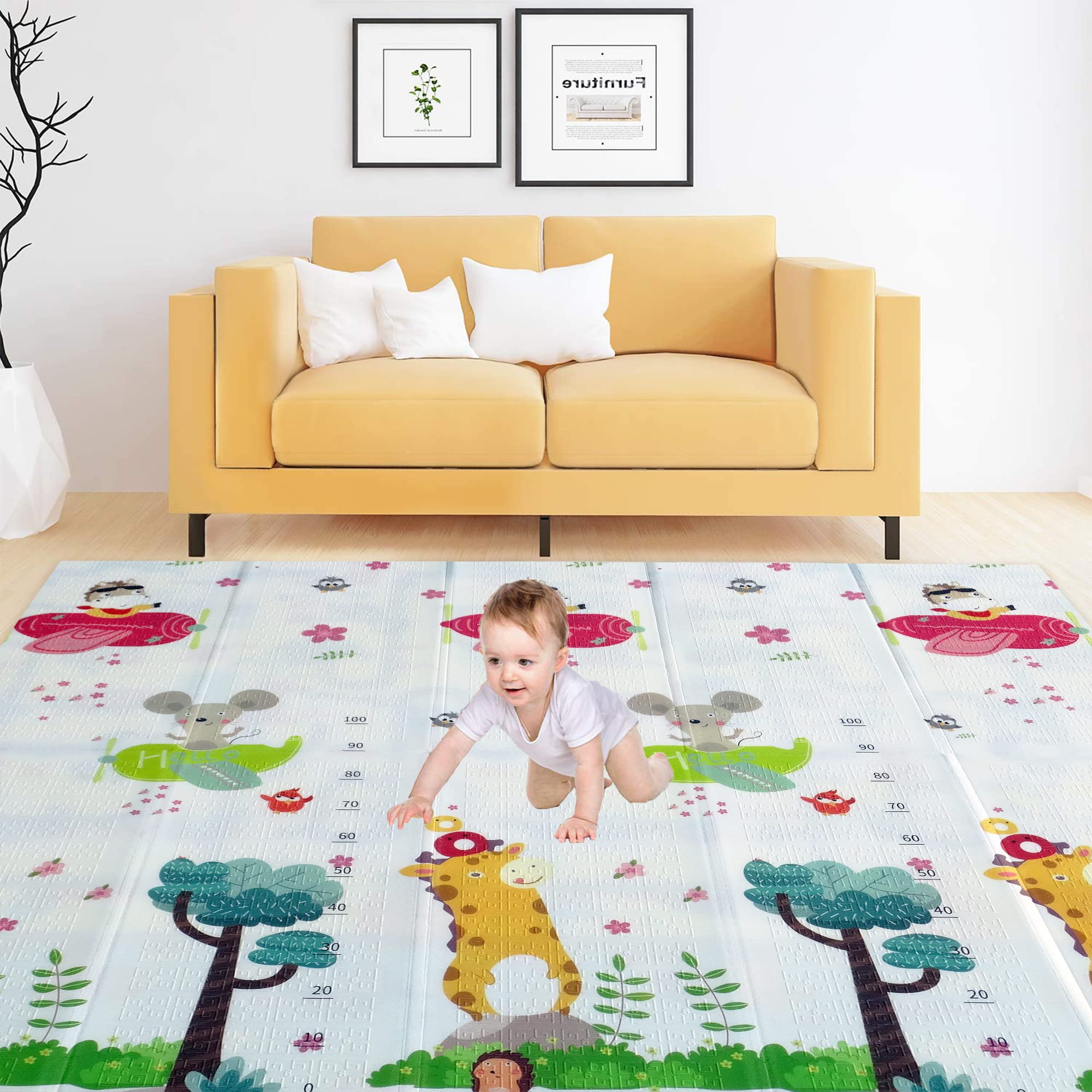 MAGIFIRE Double-Sided Reversible Multi Printed Waterproof Baby Crawling Play Mat, Non-Slip Reversible Portable with Zippered Encasement (200cm*180cm*0.5cm | Design-C, Beige)