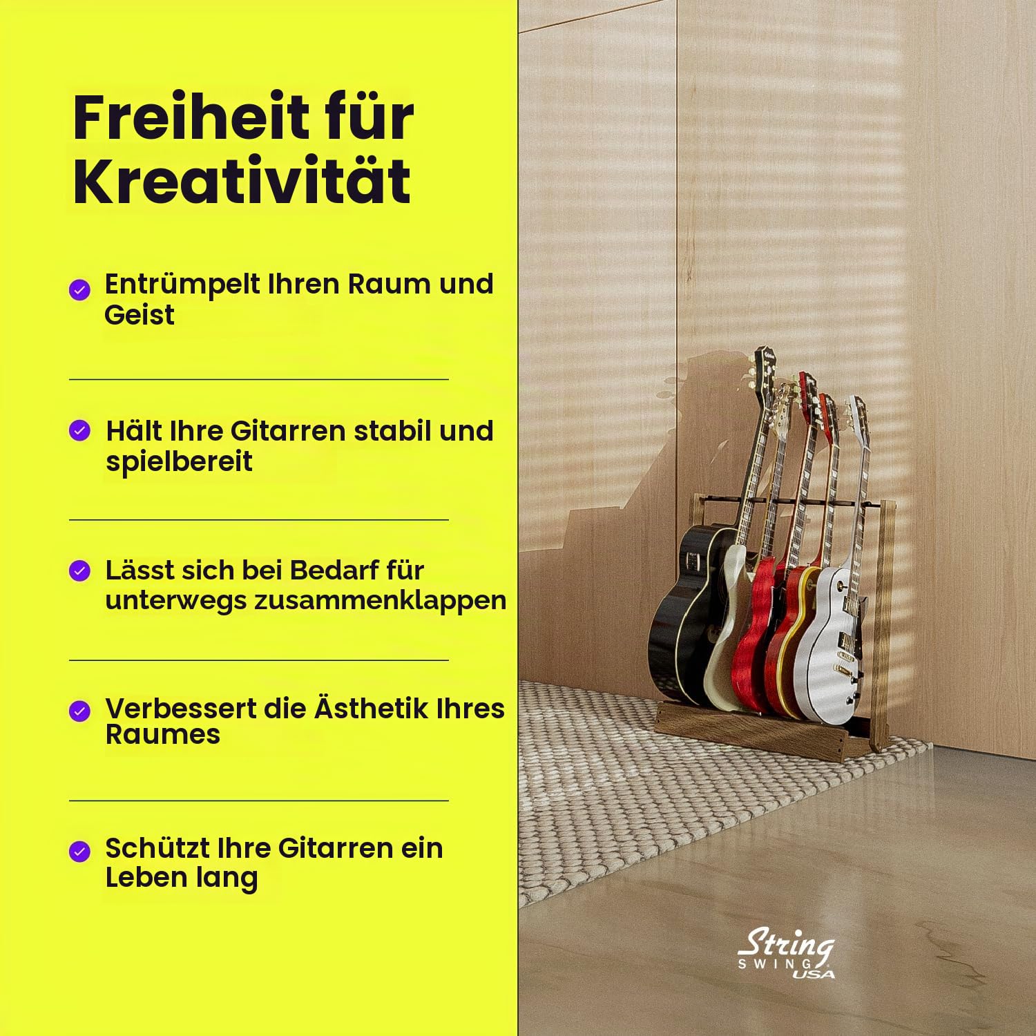 String Swing CC34 Gitarrenständer für 6 E-Gitarren oder 3 Akustikgitarren für Zuhause oder Studio