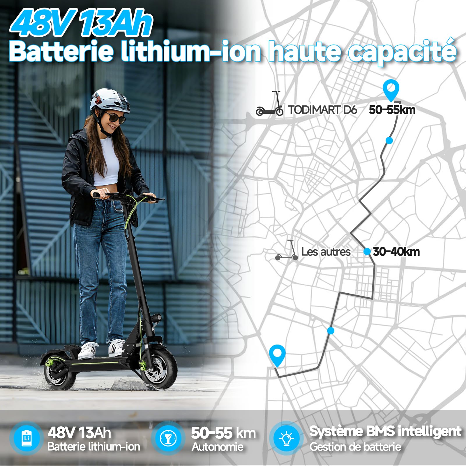 TODIMART D6 Trottinette Électrique Adulte, Autonomie 50–55 km, Batterie 48V 13Ah, Moteur 500W (800W Max), Pliable, Puissante, Double Suspension, Tout-Terrain, Ultra Légère, Scooter Electrique Adulte