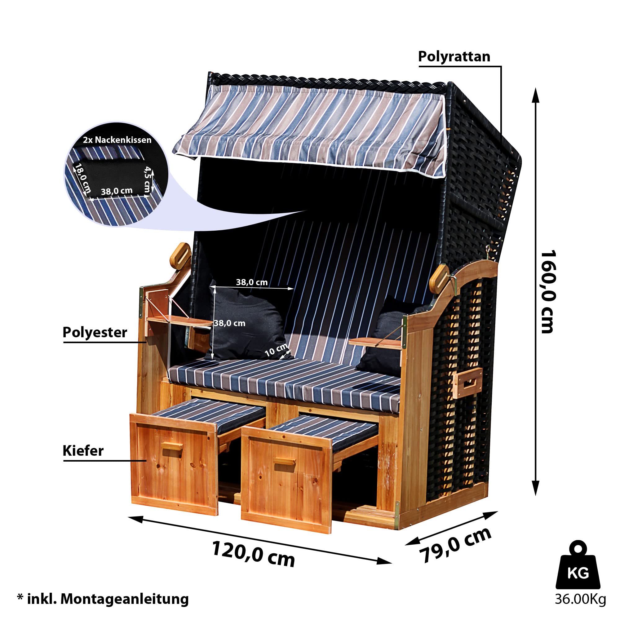 Cepewa Strandkorb XXL Set | Deluxe Vollieger | 2 Sitzer Korb | 120cm breit | blau braun weiß gestreift | inkl. 4 Kissen | ausziehbare Fußstützen und Klapptischen