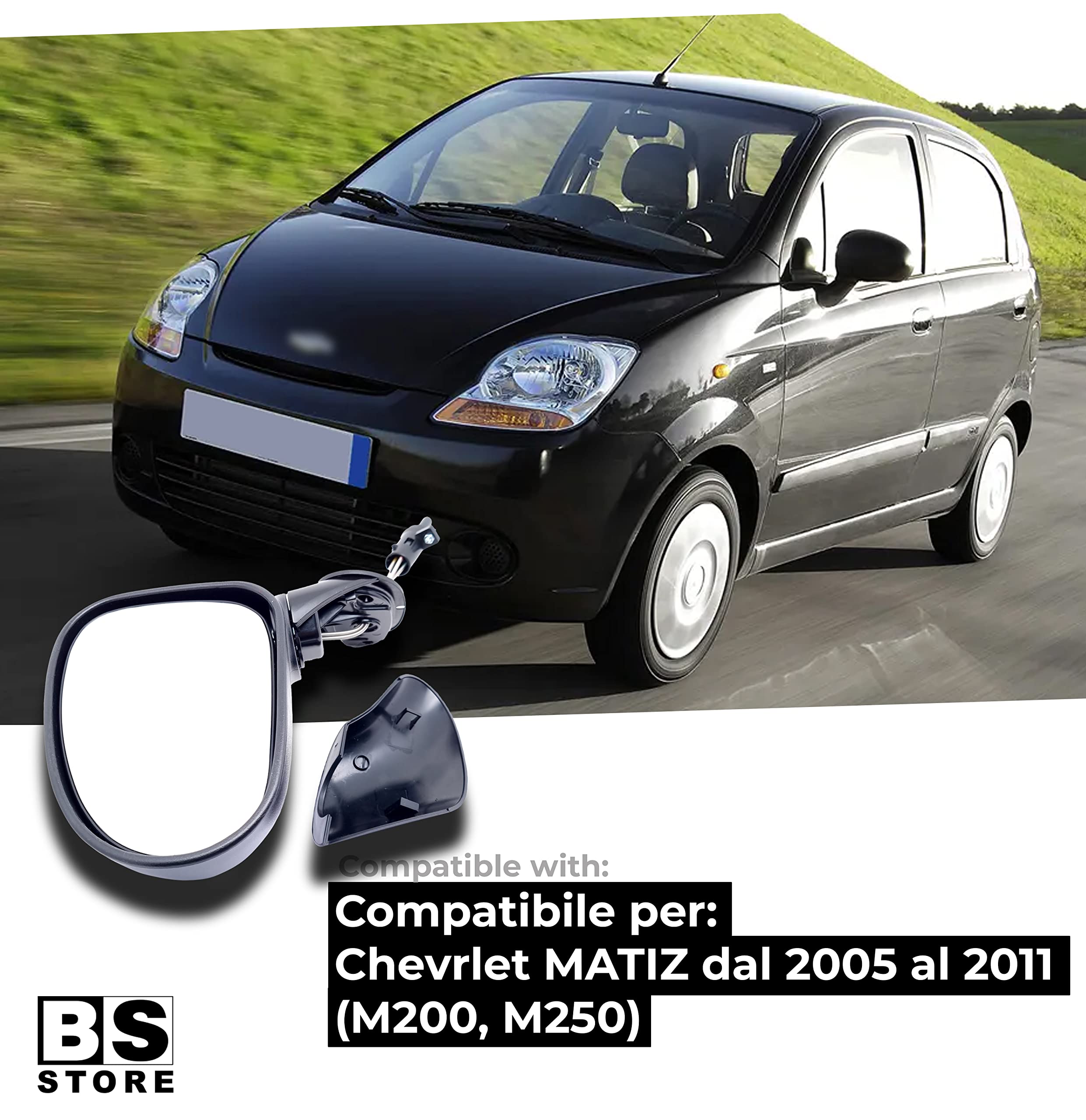 BSSTORE Specchietto Retrovisore Esterno Nero per Matiz dal 2005 al 2011 (M200, M250) con Regolazione Manuale (Sinistra - Lato Conducente)