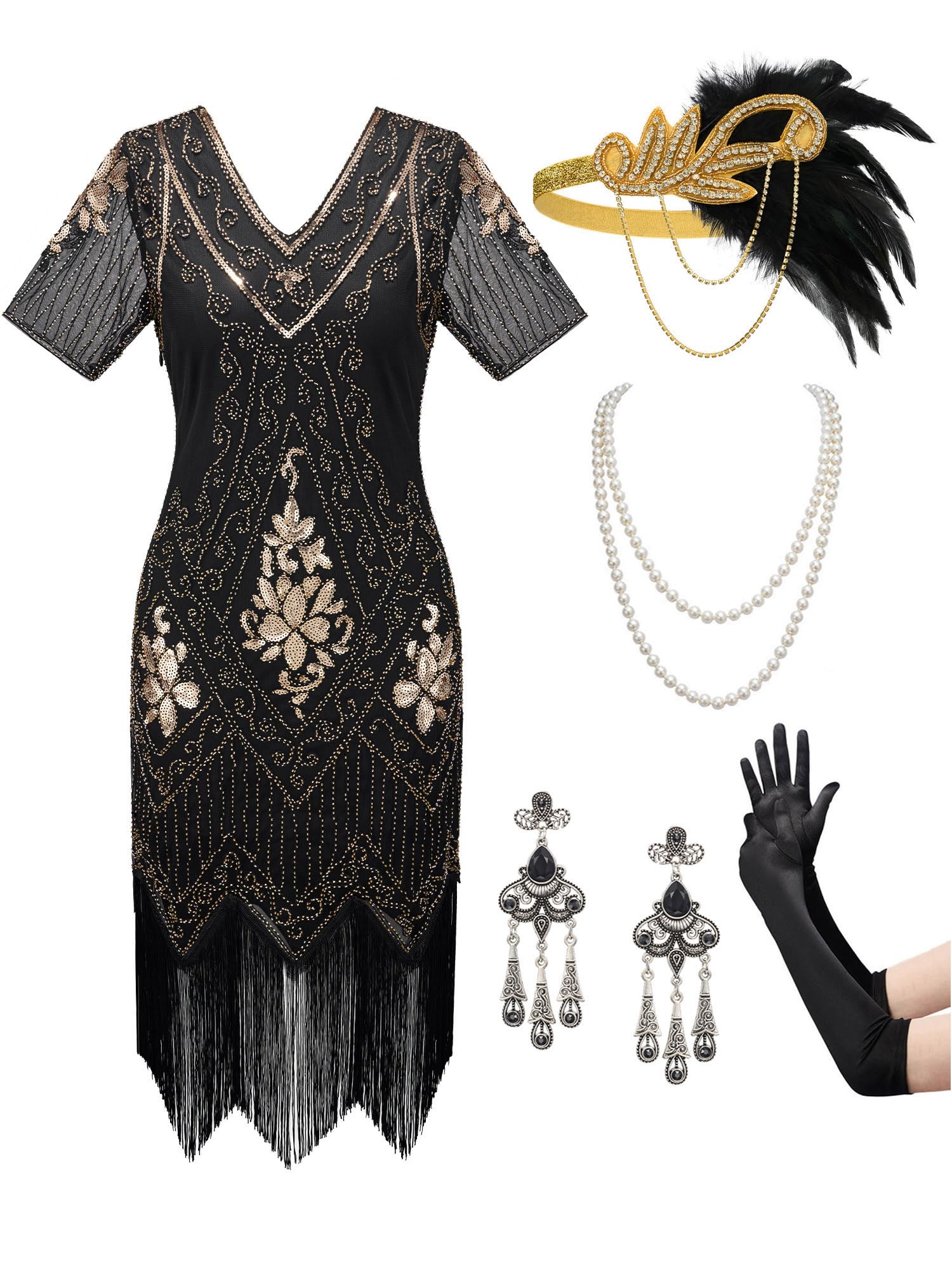YESSA Women's Flapper Dresses 1920s Fringed Sequin Great Gatsby Dress with 20s Accessories -Roaring 20s Costumes