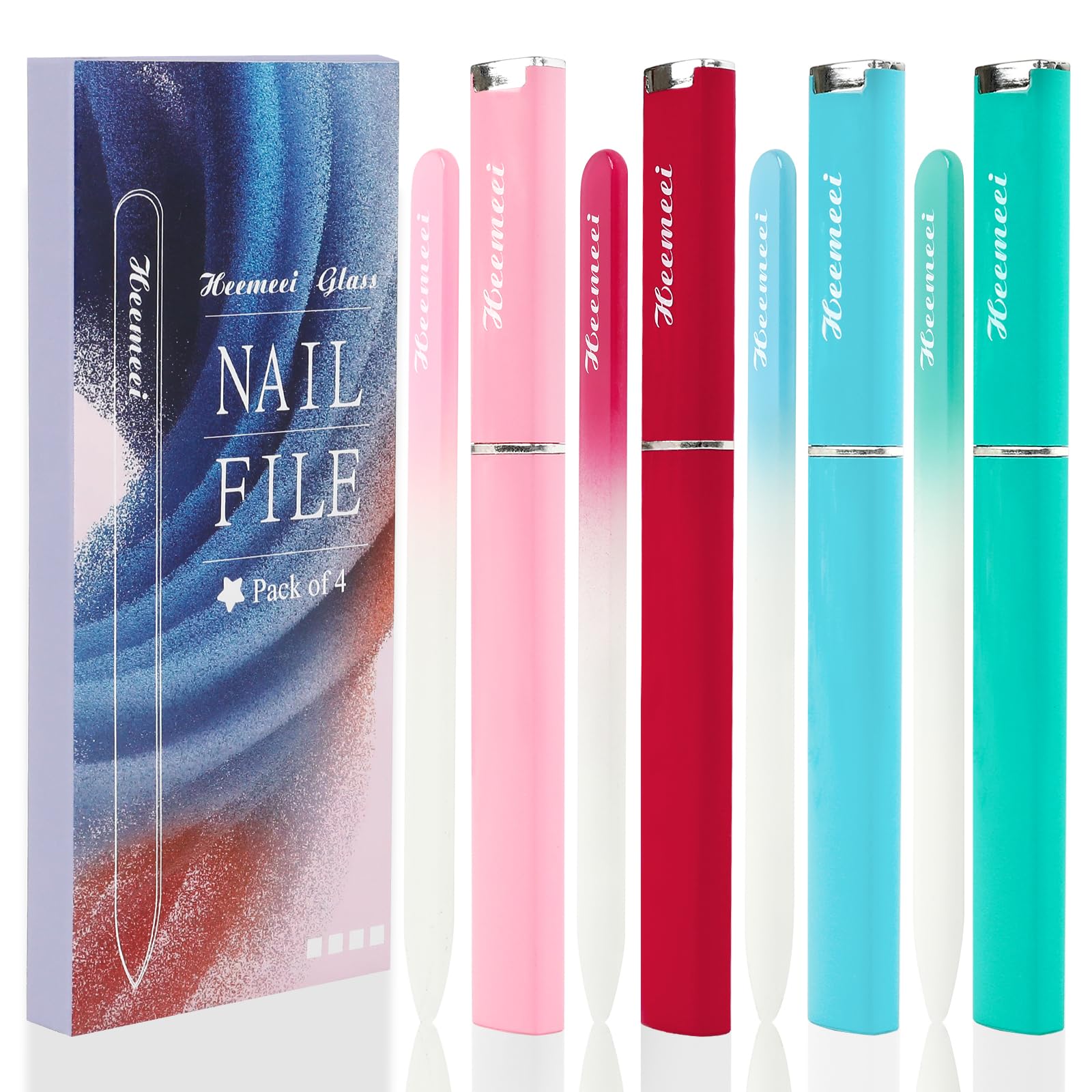 Heemeei 4 Pack Double Sided Glass Nail File With Case - 180/320 Grit for Natural Nails, Fingernails, Crystal Files for Women Pedicure