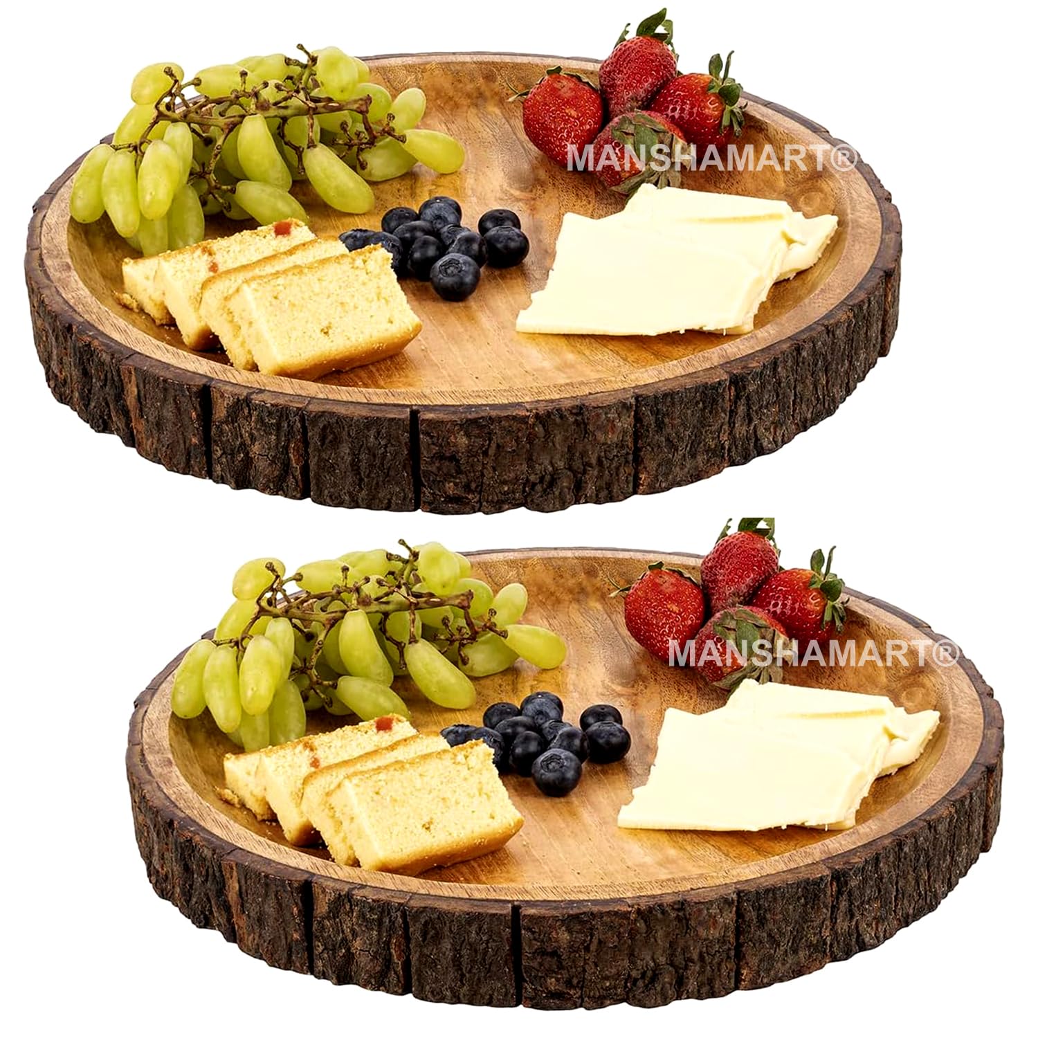 MANSHAMART® 12 inch Round Wooden Serving Platter with Tree Bark on Edges | Mango Wood Pizza Platter, Serve Board | Charcuterie Platter Set of 2