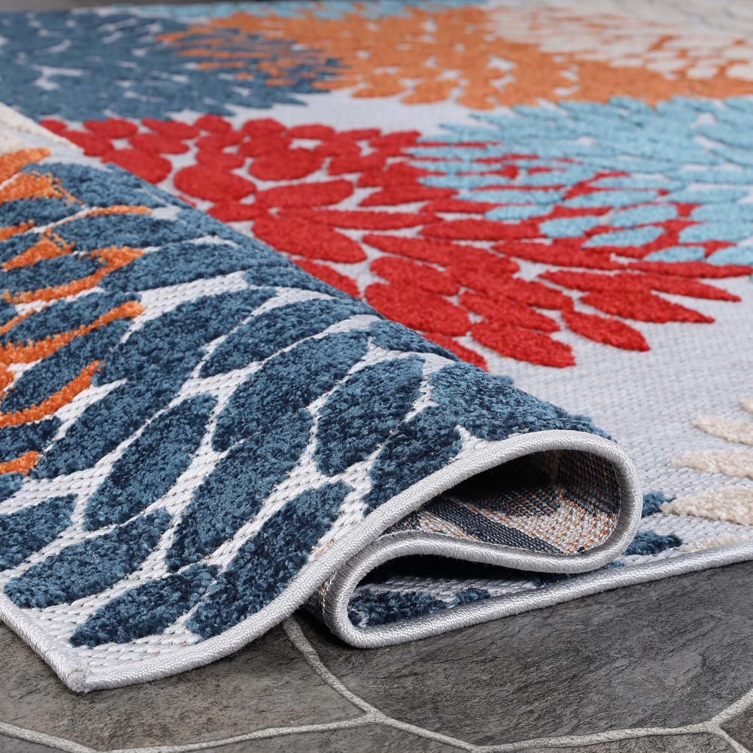 Superior Indoor Outdoor Area Rug, for Patio, Poolside, Deck, Backyard, Playroom, Kitchen, Dining Room Floors, Mudroom, Floral Medallion Floor Cover, Hydrangea Collection, 8' x 10', Multicolor