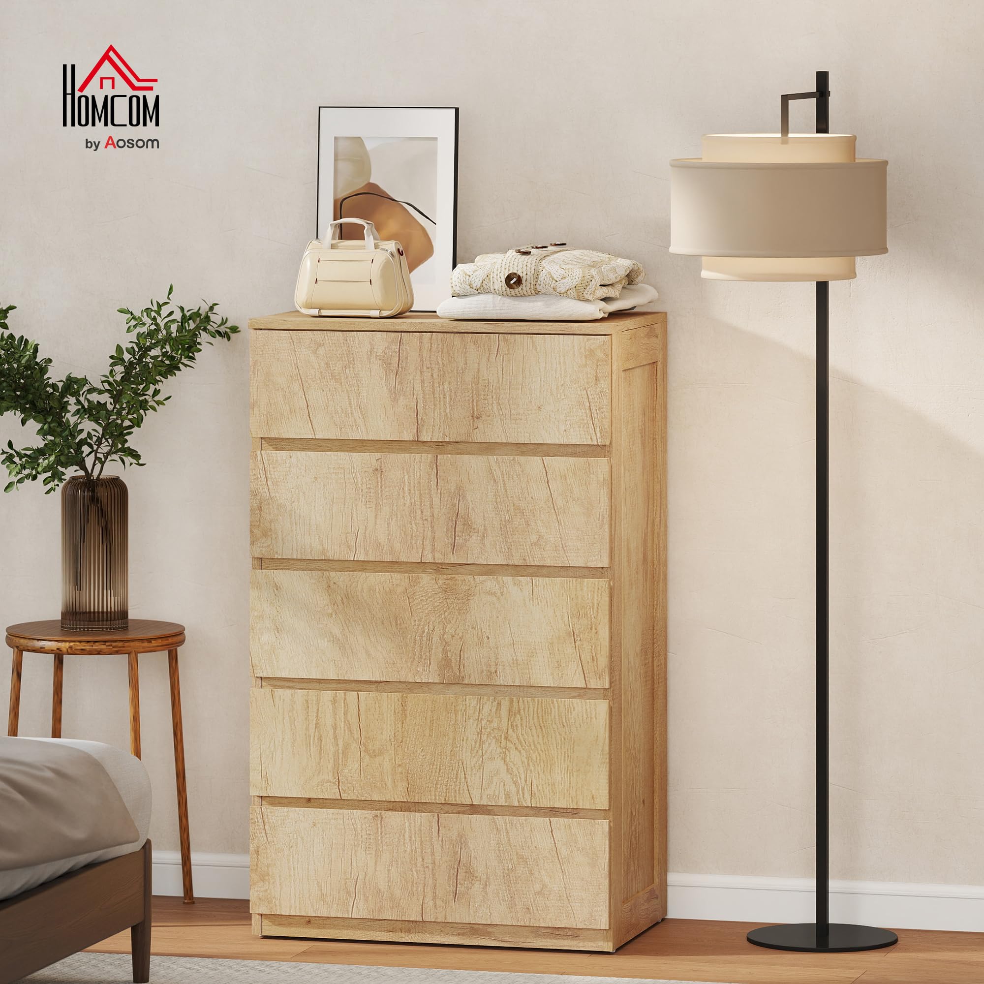 HOMCOM Cómoda 5 Cajones Diseño sin Tiradores 60x39x100 cm Madera Natural | Cómoda Dormitorio Moderna, Sinfonier, Cajonera para Sala de Estar, Comedor, Entrada