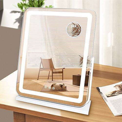 SLIMOON 20" Large Vanity Mirror with Lights, Lighted Makeup Mirror with Detachable 10X Magnification Mirror, 3 Color LED Dimmable Round Mirror,