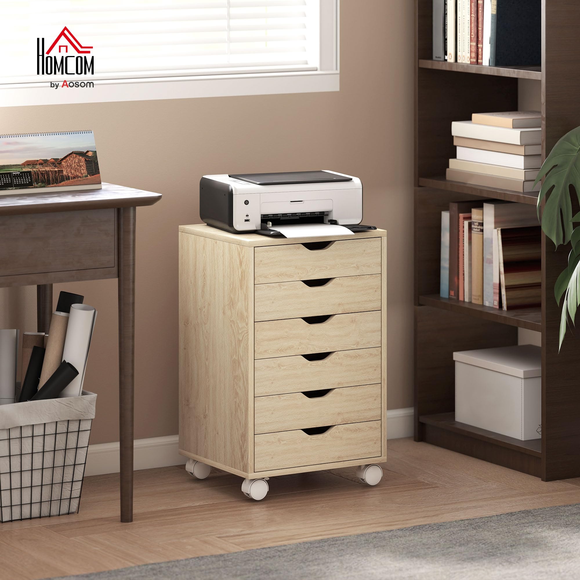 HOMCOM Caisson de Bureau 6 Tiroirs Silencieux, 40 x 35 x 63 cm, Chêne