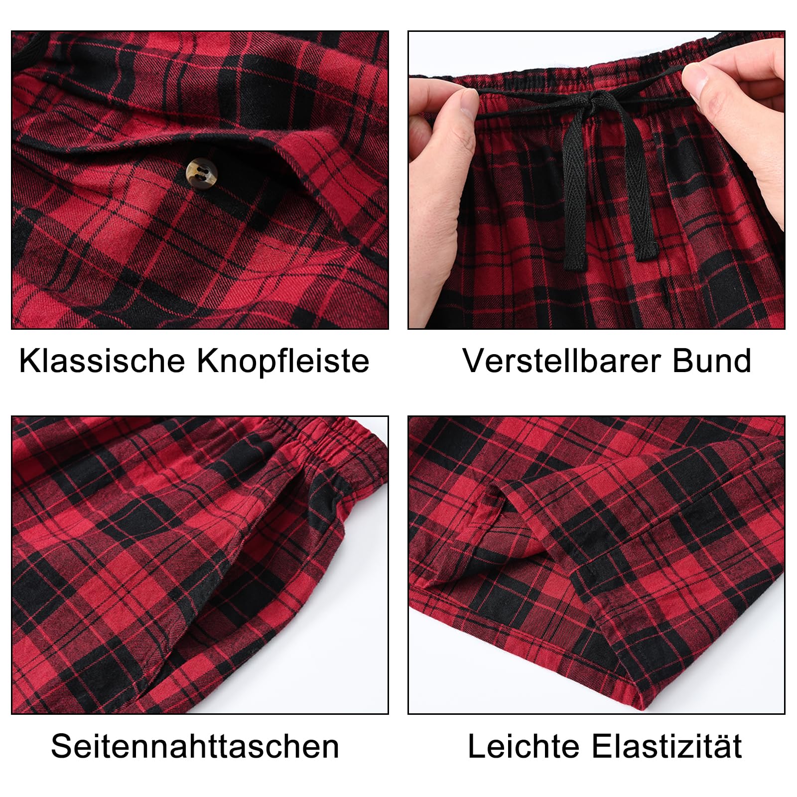 Huayuzh Schlafanzughose Herren Kurz Pyjama Baumwolle 3er Pack Kariert Schlafhose Weich Atmungsaktiv Taschen Knopfleiste