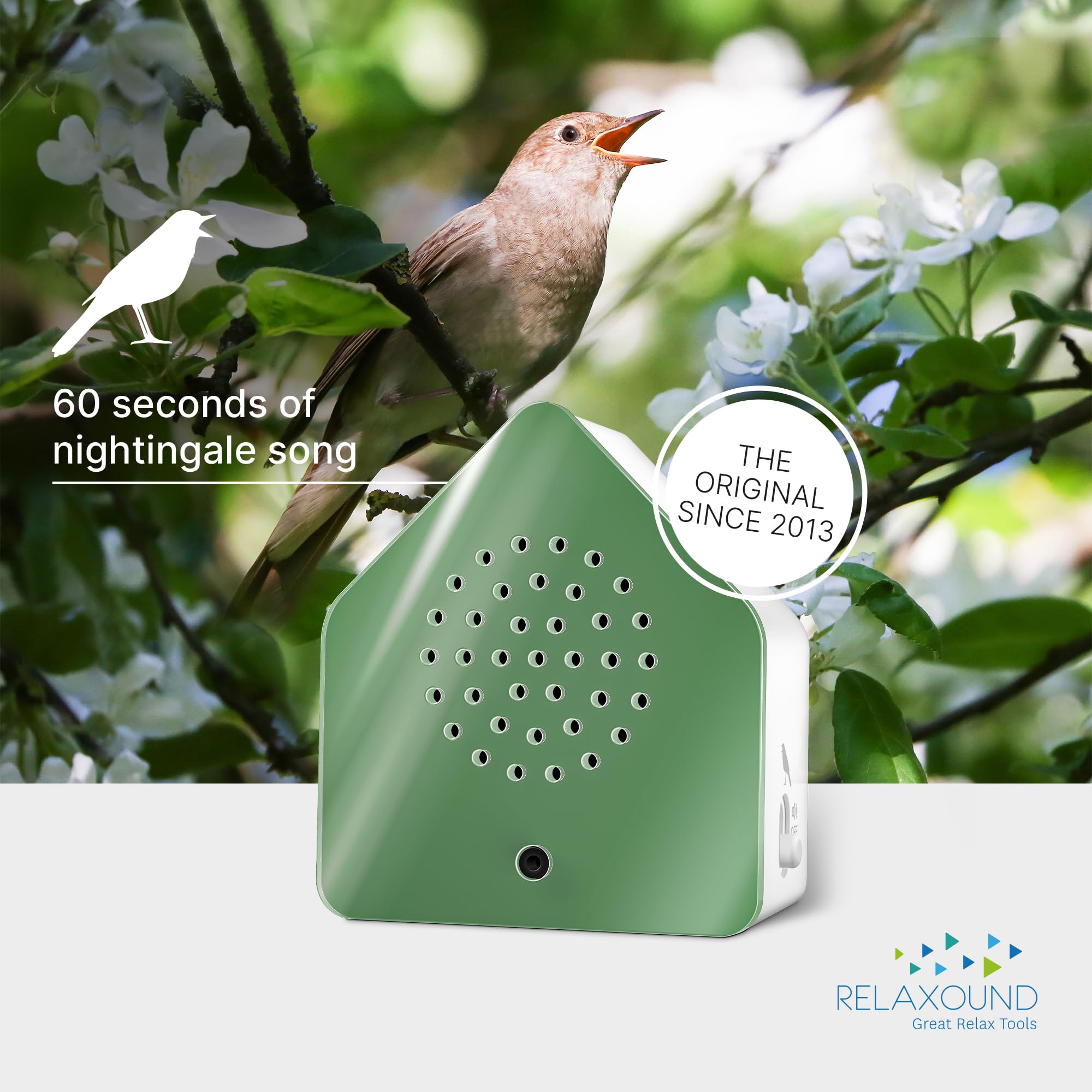 RELAXOUND Zwitscherbox originale Satellite Nightingale Green – moderno canto degli uccelli – rilassante – rilevatore di movimento con suono – Soundbox
