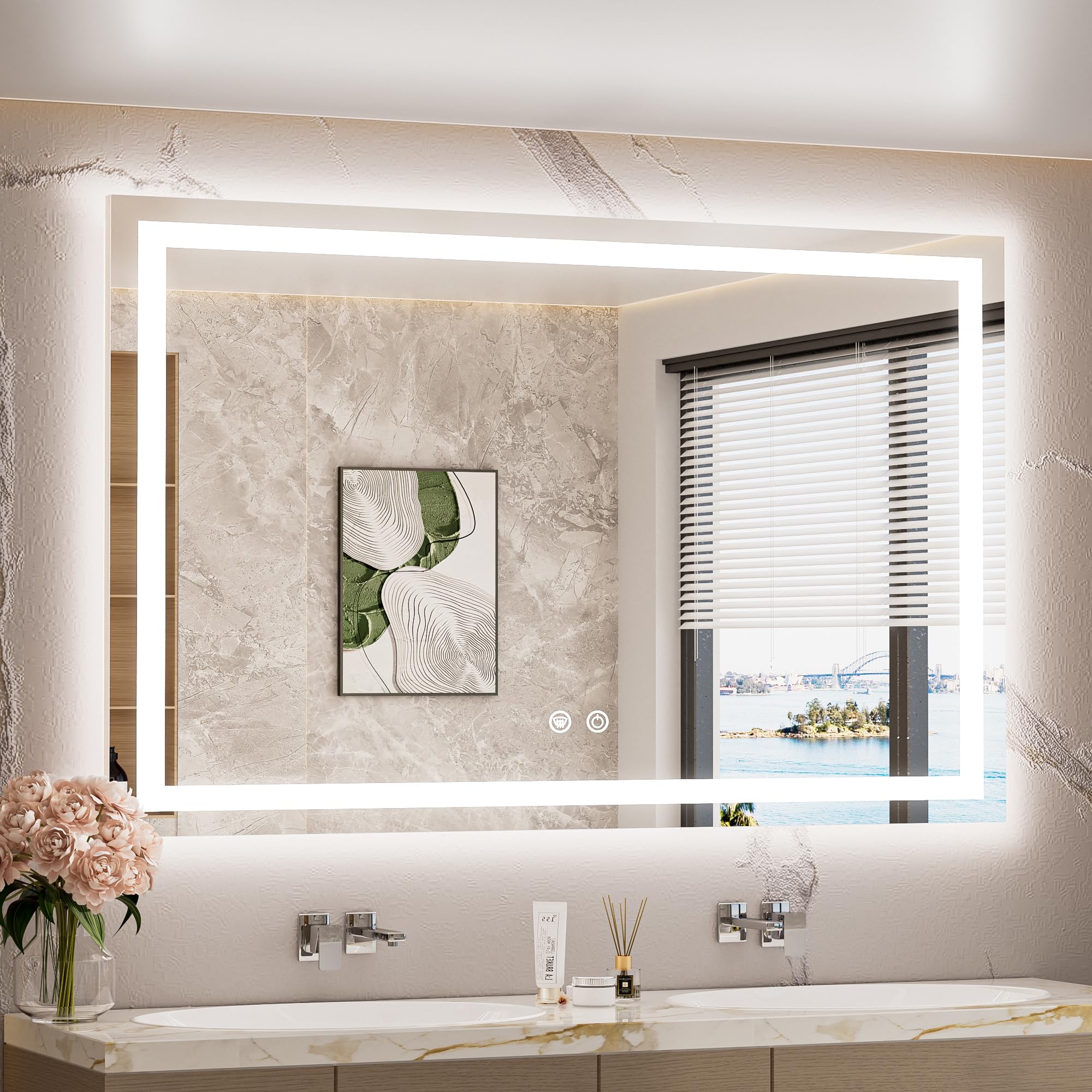 TETOTE LED Lighted Bathroom Mirror with Lights 48 x 30 Brighter Front and Backlit Light up Mirror for Bathroom Wall, Illuminated Vanity Anti Fog Mirror, 3-Color Stepless Dimmable, Tempered Glass