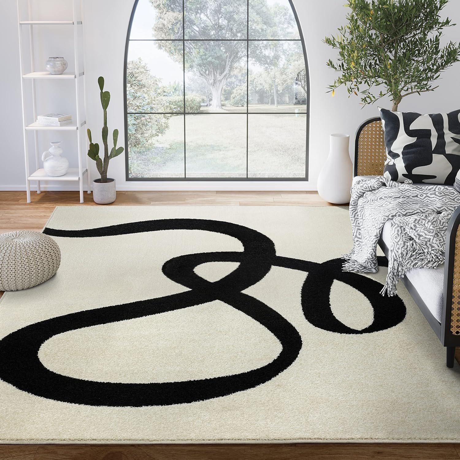 Abani Abstract Beige/Black Area Rug - 2' x 3' - Modern Curved Line Design - Deco Collection - Easy to Clean - Durable for High Traffic Areas - Bedroom, Office & Kitchen - Medium Pile