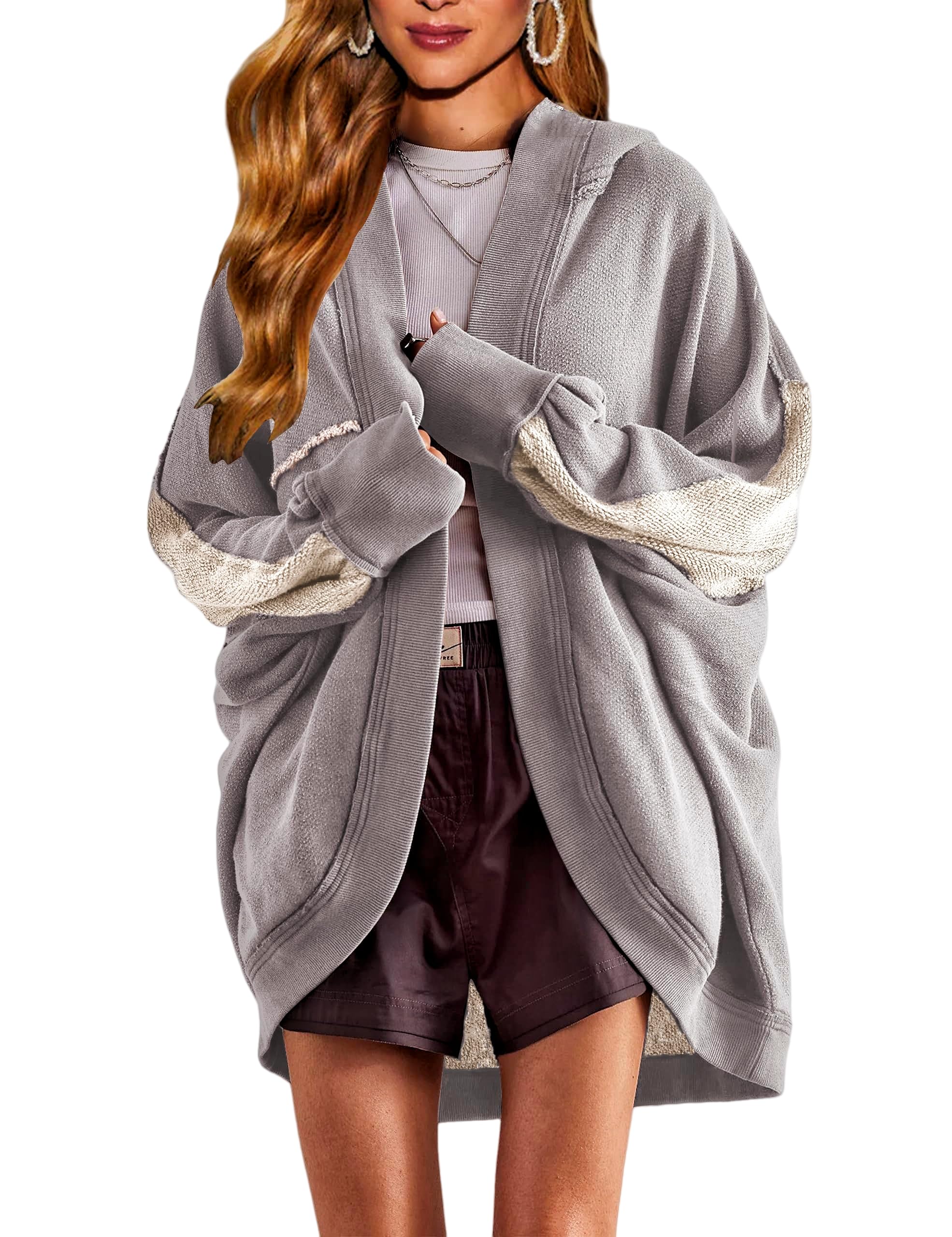 Womens Oversized Cardigan Hooded Open Front Sweatshirt Drop Shoulder Long Sleeve Fall Jackets Outwear