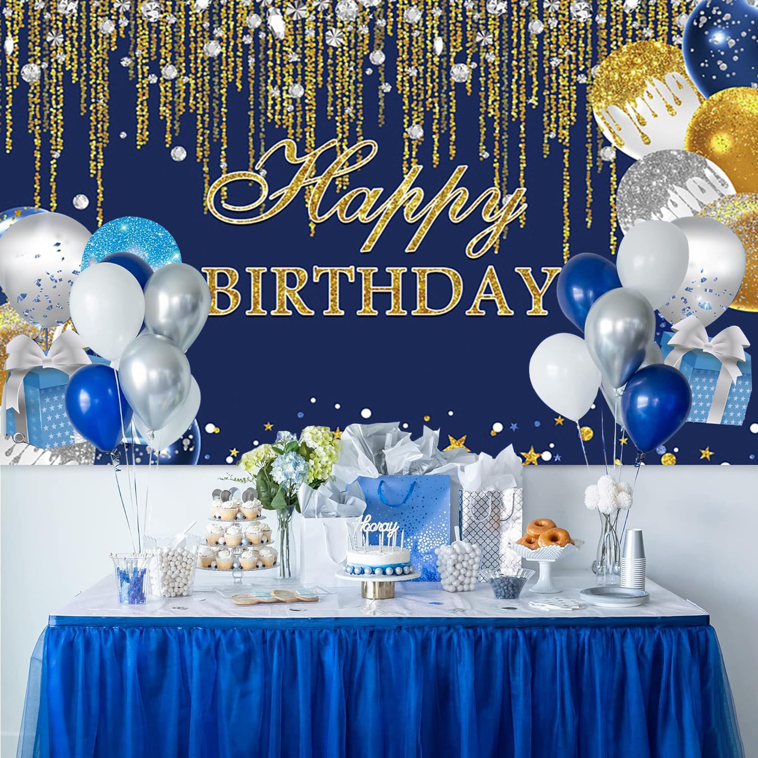 3,6 x 3 m blauer und goldener Happy Birthday-Hintergrund, Glitzer, goldene, silberne Punkte, Diamanten, Luftballons, Geburtstag, Fotografie, Hintergrund, Jungen, Männer, Geburtstagsparty