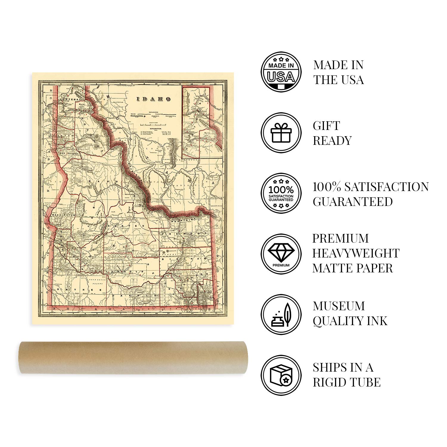 HISTORIX Vintage 1896 Idaho State Map Poster - 24x30 Inch Old Township & Railroad Map, Museum Quality Print - View #6