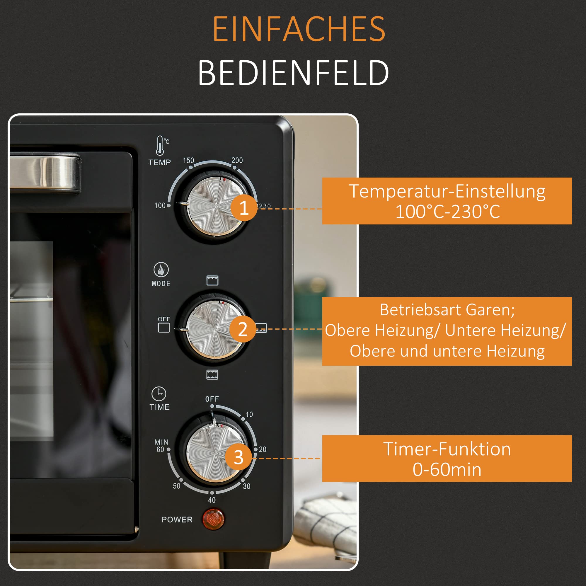 HOMCOM Mini Backofen 21 L 1400W 100-230℃ 60 Min. Timer inkl. Krümelblech, Backblech, Grillrost Fenster, Minibackofen Pizza-Ofen, Schwarz