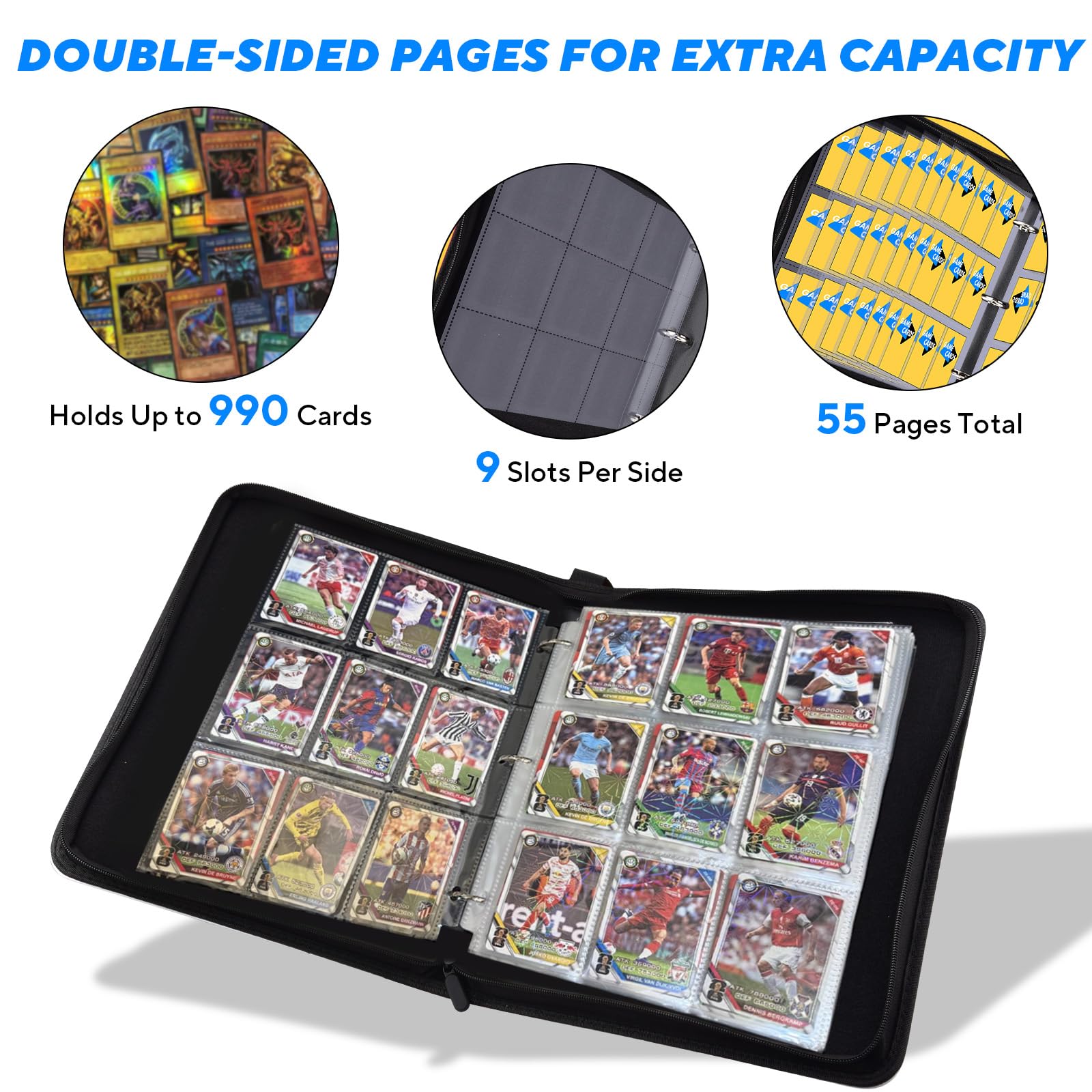 ULLTOON Portable 9-Pocket Trading Card Binder, Holds 990 Cards with 55 Removable Double-Sided Sleeves, Baseball Card Binder Card Storage Organizer Album for Boys, Girls, Sports & Game Cards