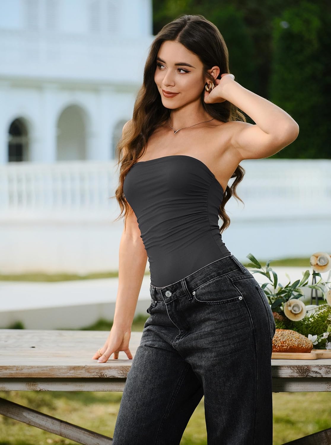 Women's Sexy Strapless Tube Top Bodysuit Ruched Sleeveless One Piece Body Suit Leotard Tops - Image 3