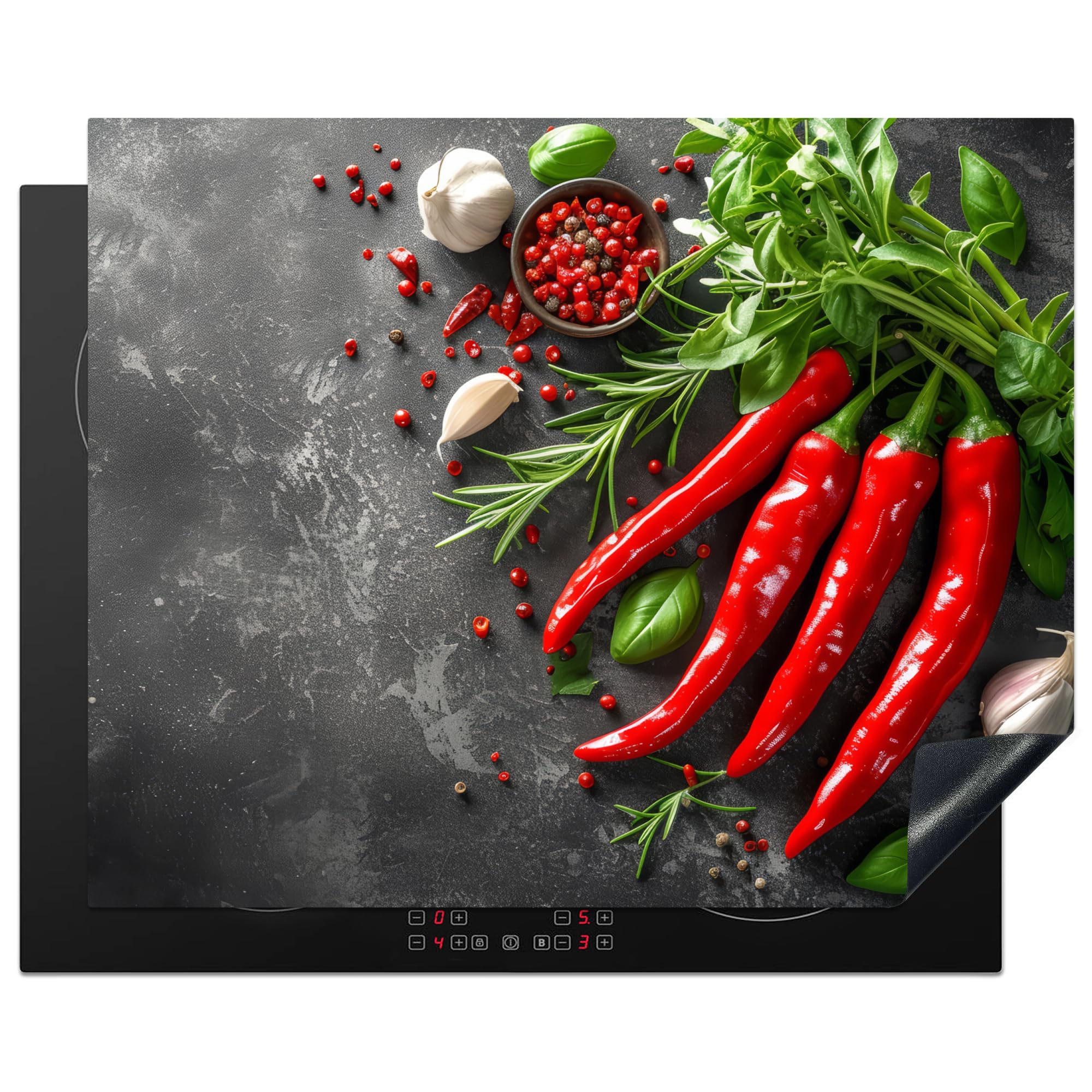 KitchenYeah© Herdabdeckplatte 65x52 cm Einteilig Ceranfeld Abdeckplatte für Induktionsschutz Ceranfeldabdeckung Vinyl Herdabdeckplatten Chilischoten - Beton - Knoblauch - Küche