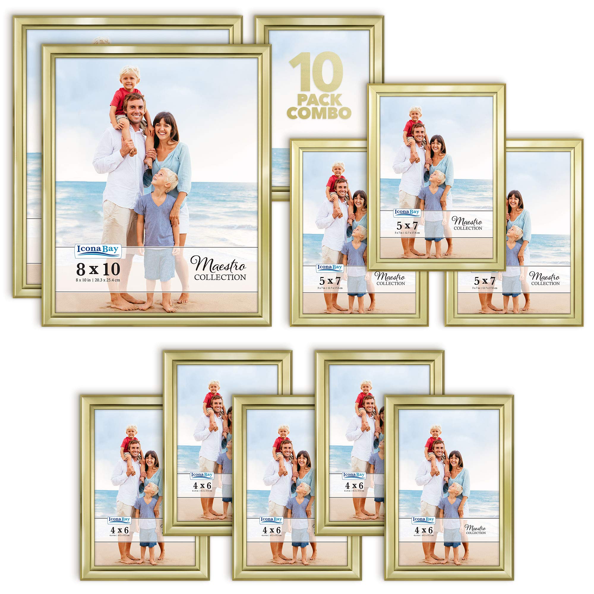 Icona Bay Combination Gold Picture Frames Set - 10 PC (Five 4x6, Three 5x7, Two 8x10), Classy Contemporary Style, Maestro Collection for Wall Gallery