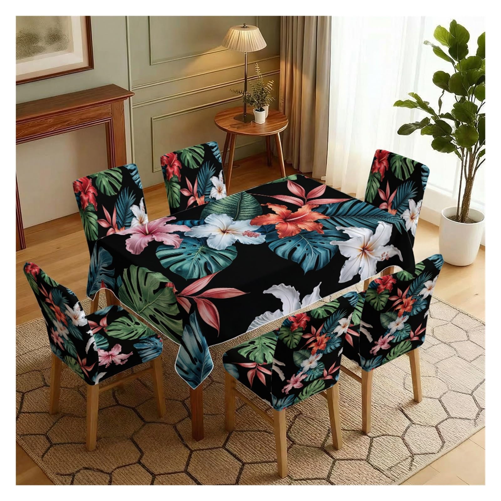 KXUAUV Stretch Dining Chair Slipcovers And Tablecloth Set, Black Background Tropical Leaf Floral Print, 5/7 Pack For Dining Room Kitchen Home Decor Party Decor(7pcs Set: Tablecloth+Chair Covers)