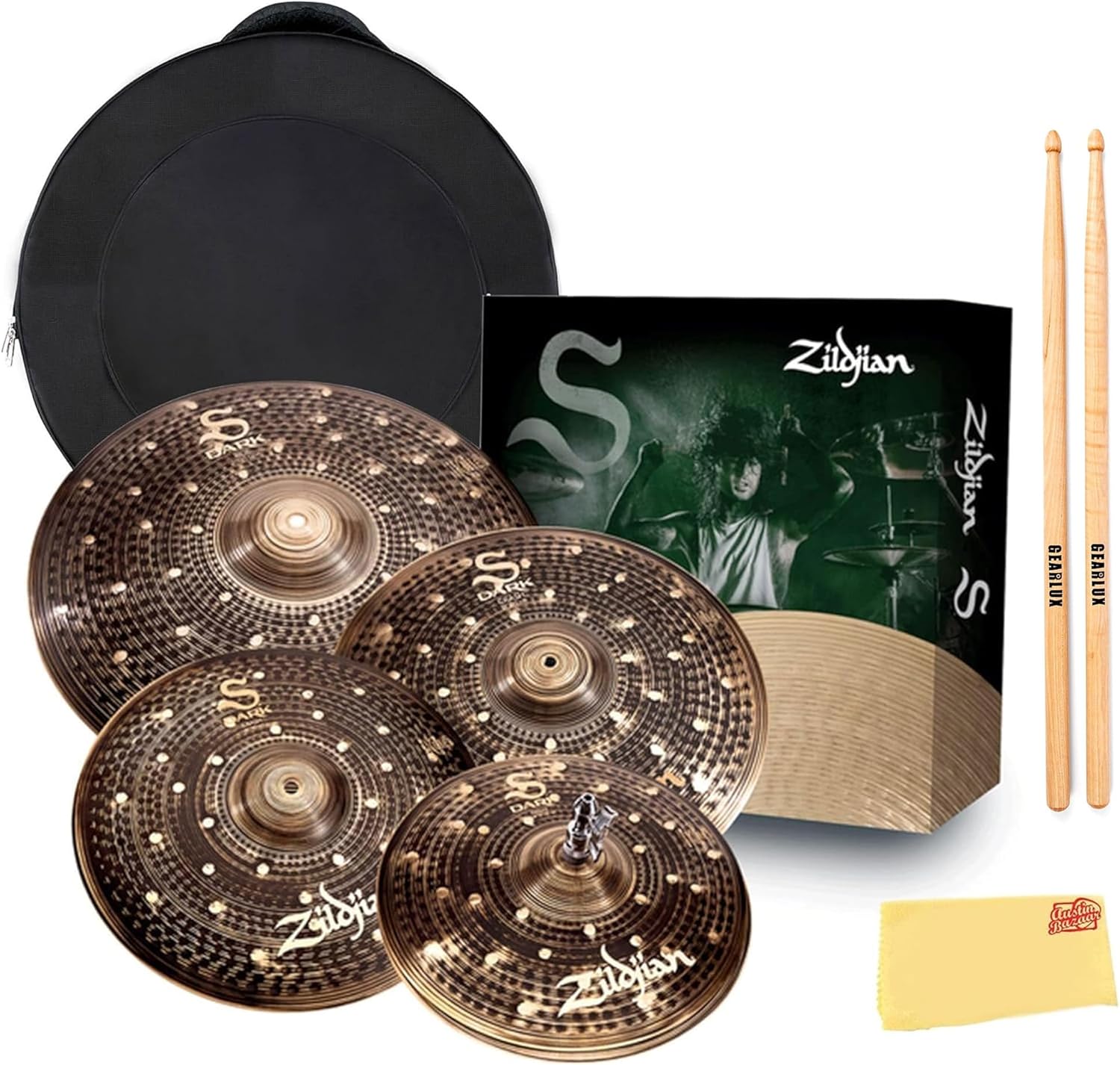 Zildjian SD4680 S Family Dark Cymbal Pack Bundle with Cymbal Bag, Drumsticks, and Austin Bazaar Polishing Cloth
