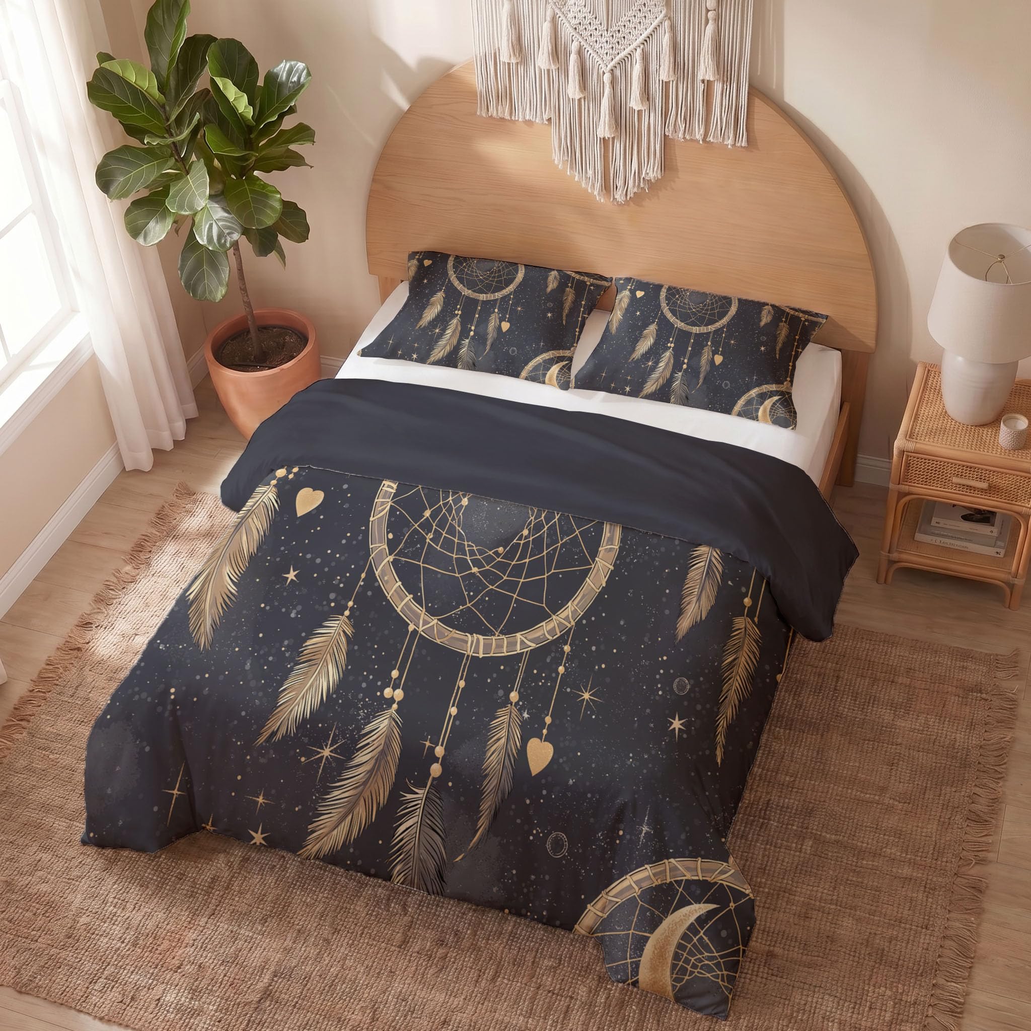Wendebettwäsche 240X220 Anthrazitgrau Eleganter Traumfänger Sternenhimmel Schlafzimmer Bettwäsche 3Tlg, Bohemian Feathers Bettbezug Und 2 Kissenbezug, Weiche Mikrofaser Deckenbezug Mit Reißverschluss