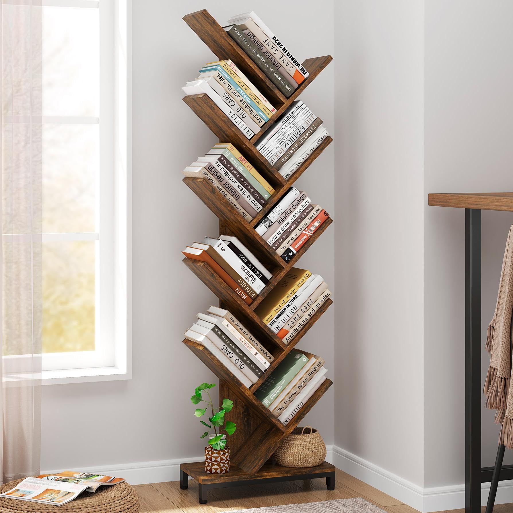 IFANNY 8 Shelf Bookshelf, Wood Bookcase, Free Standing Room Dividers, Display Storage Shelf for Books, CDs, Plants, Wooden Bookshelf for Home, Office Decor