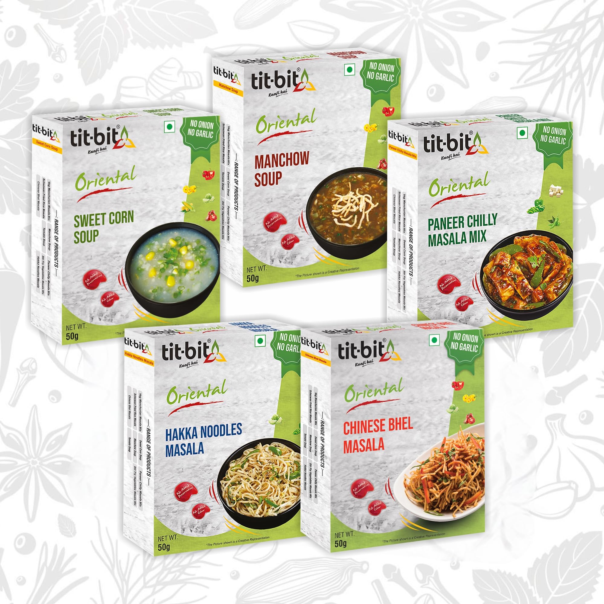 Tit-Bit No Onion No Garlic Masala - Chinese Bhel Mix, Sweet Corn Soup, Manchow Soup, Paneer Chilly & Hakka Noodles Masala - Quick & Easy to Make - Pack of 5 (250gm)