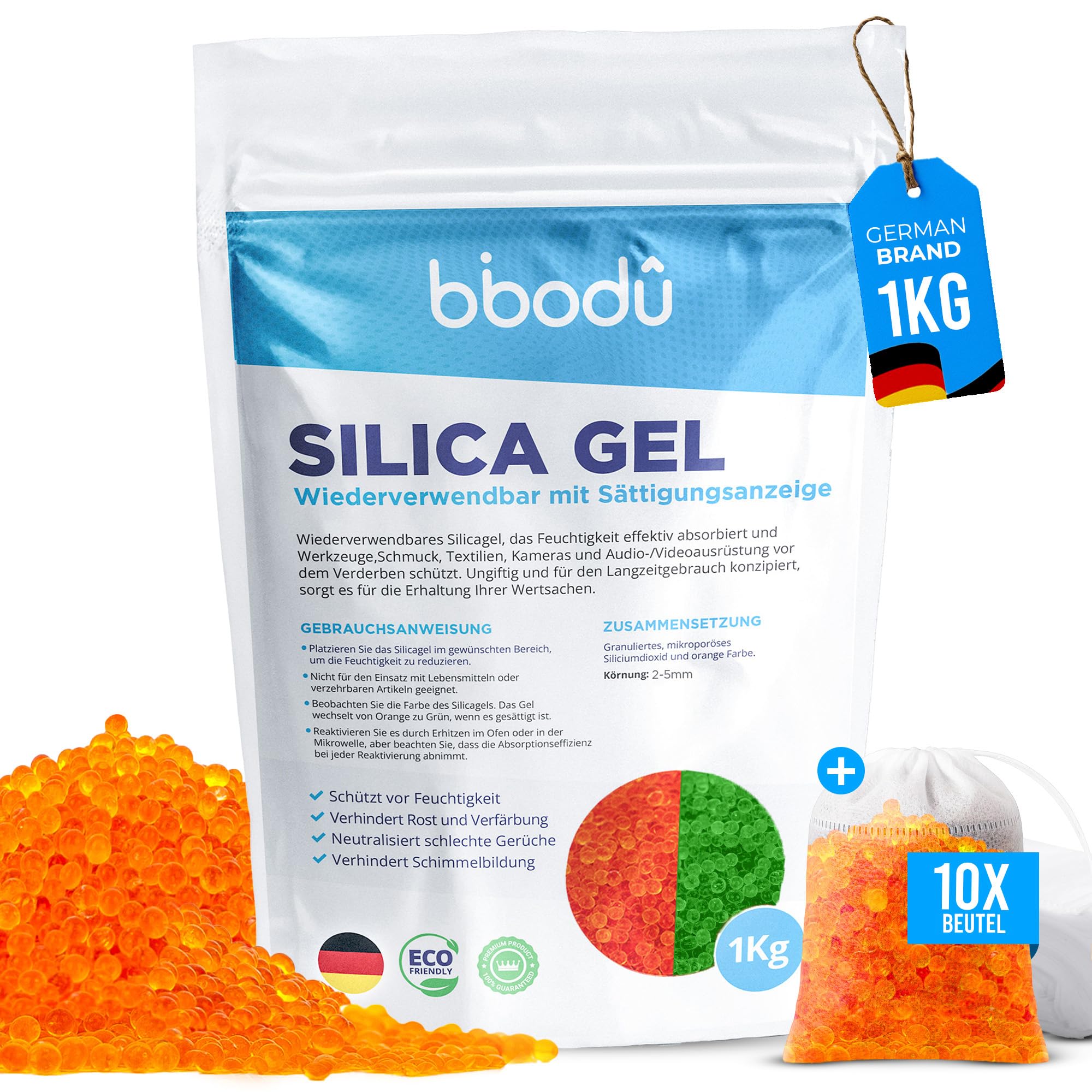 Silica Gel Orange 1KG + 10 Beutel | Silica Kugeln Wiederverwendbar mit Sättigungsindikator | Ideal für Schränke, Schubladen und Elektronik