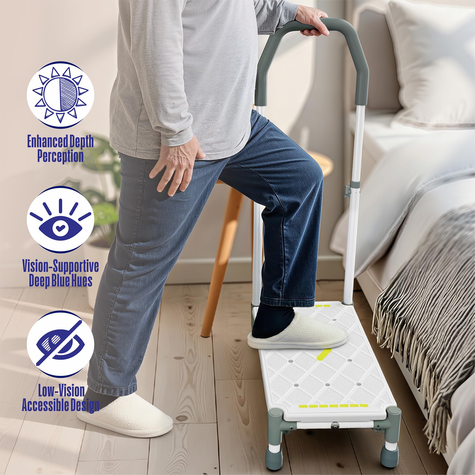 Marchepied avec marche de 55 cm – Accoudoirs réglables en hauteur, charge maximale 225 kg, bandes luminescentes et antidérapantes – Idéal pour lits hauts, camping-car, cuisine, salle de bain